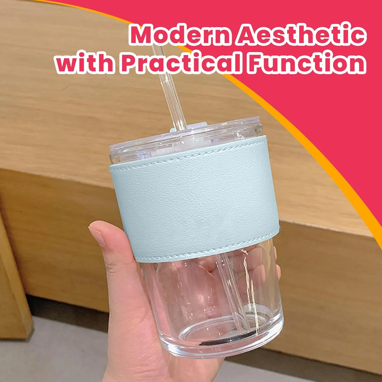 لیوان آب 384 میلی لیتری، ماگ قهوه شیشه ای با نی و درب (صورتی/آبی)