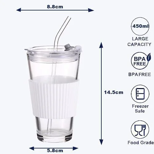 لیوان آب شیشه ای با نی و درب، لیوان قهوه سرد دیواره ضخیم قابل حمل و مهر و موم شده، لیوان مسافرتی، لیوان های شیشه ای قابل استفاده مجدد با روکش سیلیکونی، قابل استفاده برای نگهداری آب، چای، آبمیوه، 450 میلی لیتر (سیاه+سفید)