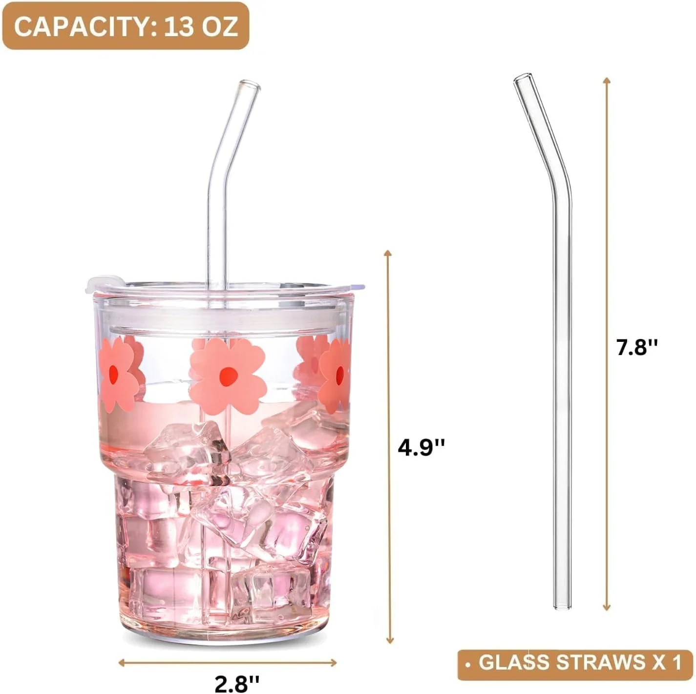 لیوان شیشه ای 384 میلی لیتری با نی و درب شیشه ای، فنجان قهوه سرد قابل استفاده مجدد، لیوان نوشیدنی زیبا (گل صورتی)