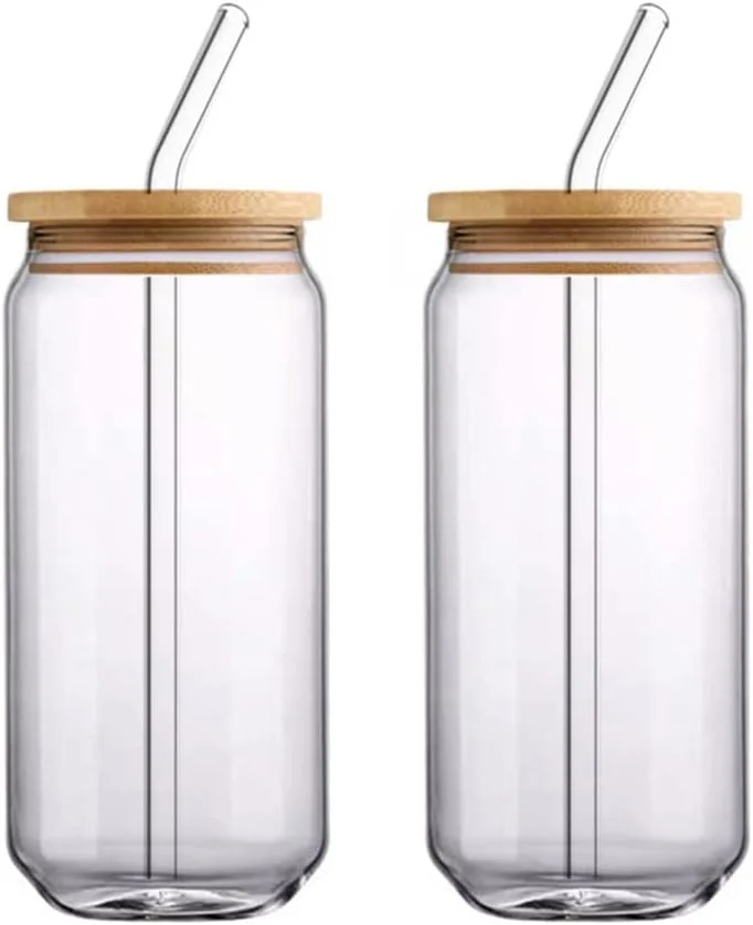 لیوان شیشه ای درب دار و نی، 2 ست لیوان شیشه ای طرح قوطی، لیوان فانتزی زیبا، مناسب برای نوشابه، چای، آب، 570 میلی لیتر