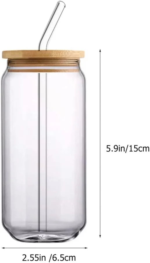 لیوان شیشه ای درب دار و نی، 2 ست لیوان شیشه ای طرح قوطی، لیوان فانتزی زیبا، مناسب برای نوشابه، چای، آب، 570 میلی لیتر