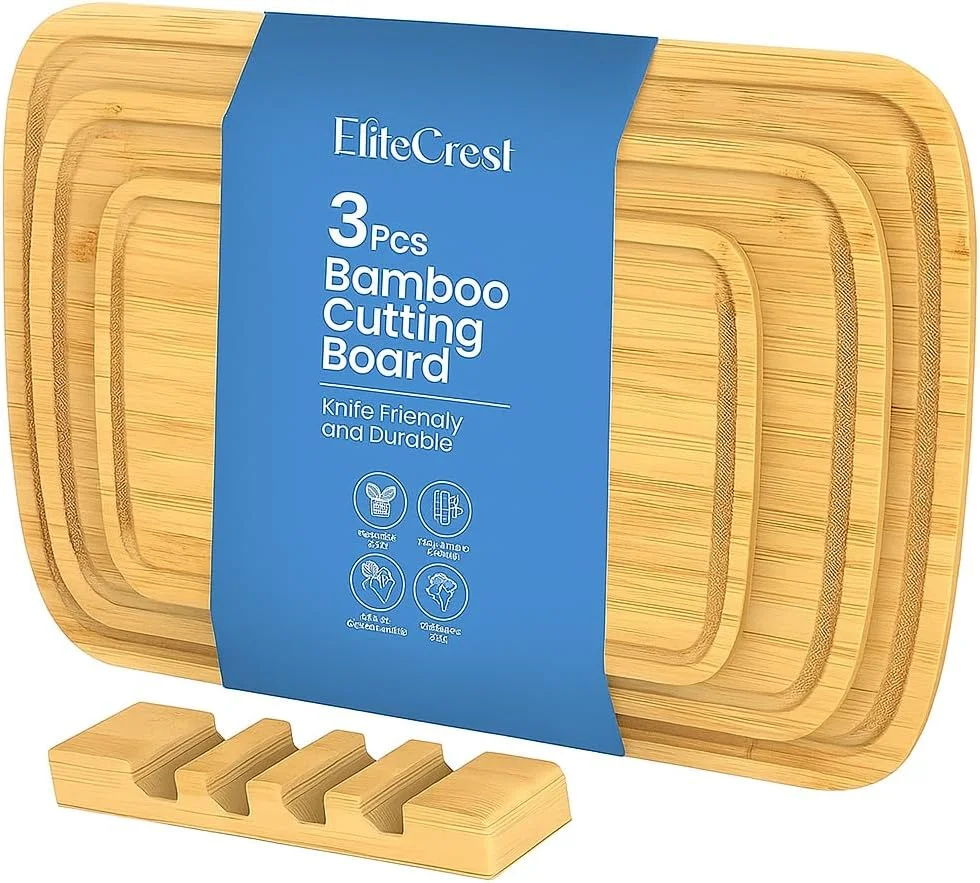 ست تخته برش بامبو 3 تکه ممتاز با پایه - تخته های خردکن چوبی بادوام برای گوشت، سبزیجات، میوه ها، پنیر، نان، آماده سازی آشپزخانه و سینی سرو - تخته های بامبو طبیعی سازگار با محیط زیست