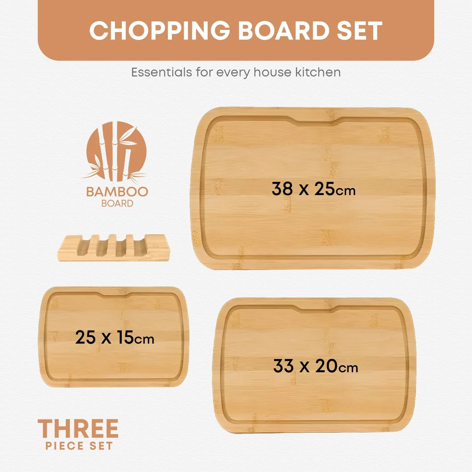 ست تخته برش بامبو 3 تکه ممتاز با پایه - تخته های خردکن چوبی بادوام برای گوشت، سبزیجات، میوه ها، پنیر، نان، آماده سازی آشپزخانه و سینی سرو - تخته های بامبو طبیعی سازگار با محیط زیست