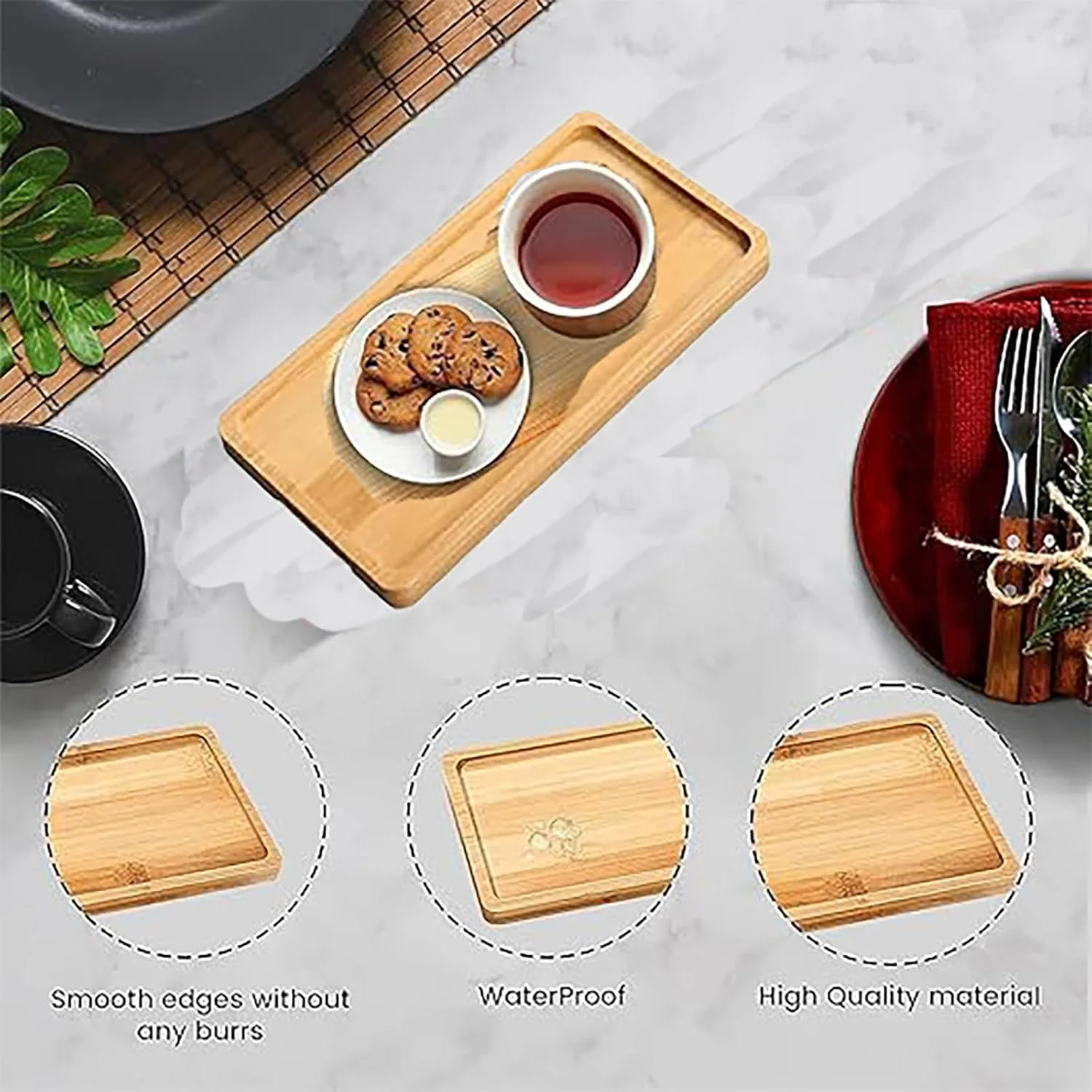 سینی بامبو HIHIDAY، 4 عدد سینی سرو چوبی کوچک، سینی کوچک میز برای چای قهوه، برای غذا، سبزیجات، میوه، سینی سرو پیش غذا، تخته پنیر، نعلبکی (4 عدد)