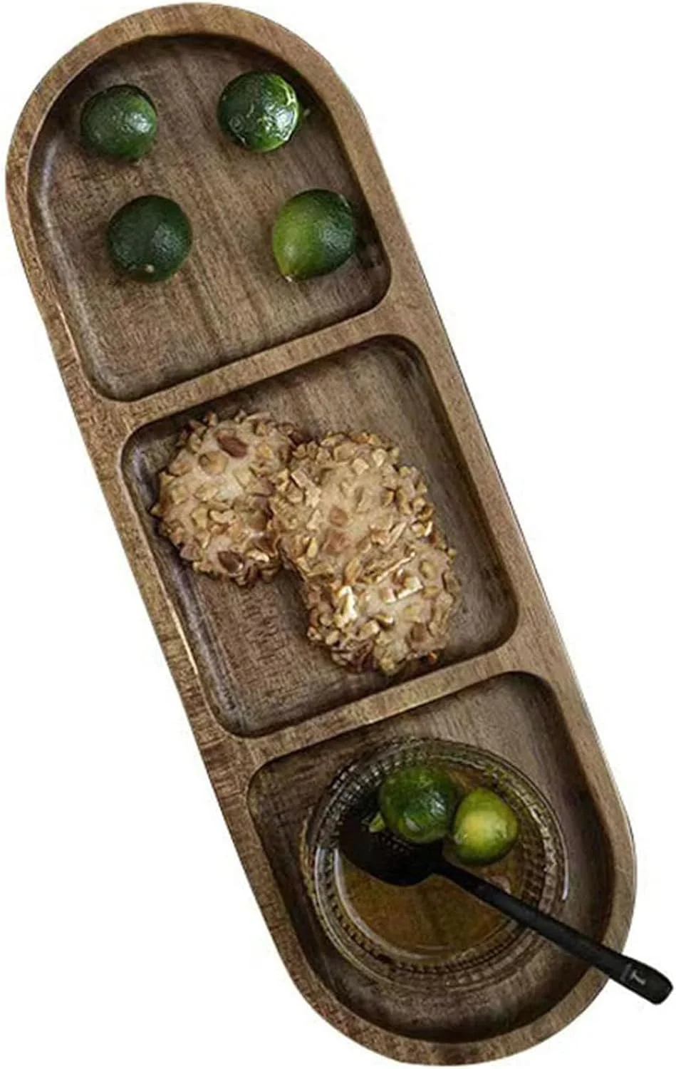 دیس چوبی بیضی شکل ALMEKAQUZ - سینی سرو چوبی اقاقیا با 3 قسمت، تخته پنیر شیک برای اسنک، پیش غذا، دسر، دیس چوبی طبیعی برای غذاخوری، پذیرایی و چای بعد از ظهر