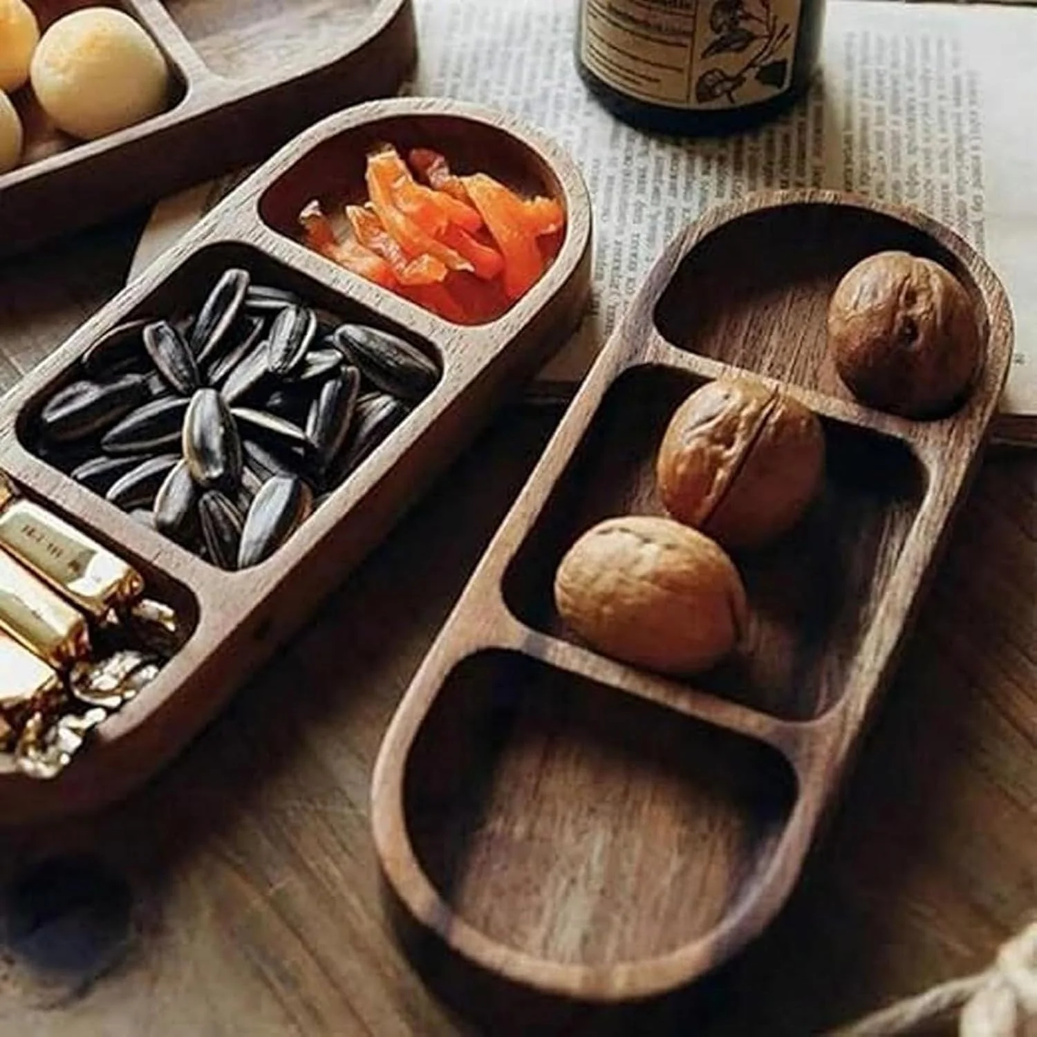 دیس چوبی بیضی شکل ALMEKAQUZ - سینی سرو چوبی اقاقیا با 3 قسمت، تخته پنیر شیک برای اسنک، پیش غذا، دسر، دیس چوبی طبیعی برای غذاخوری، پذیرایی و چای بعد از ظهر