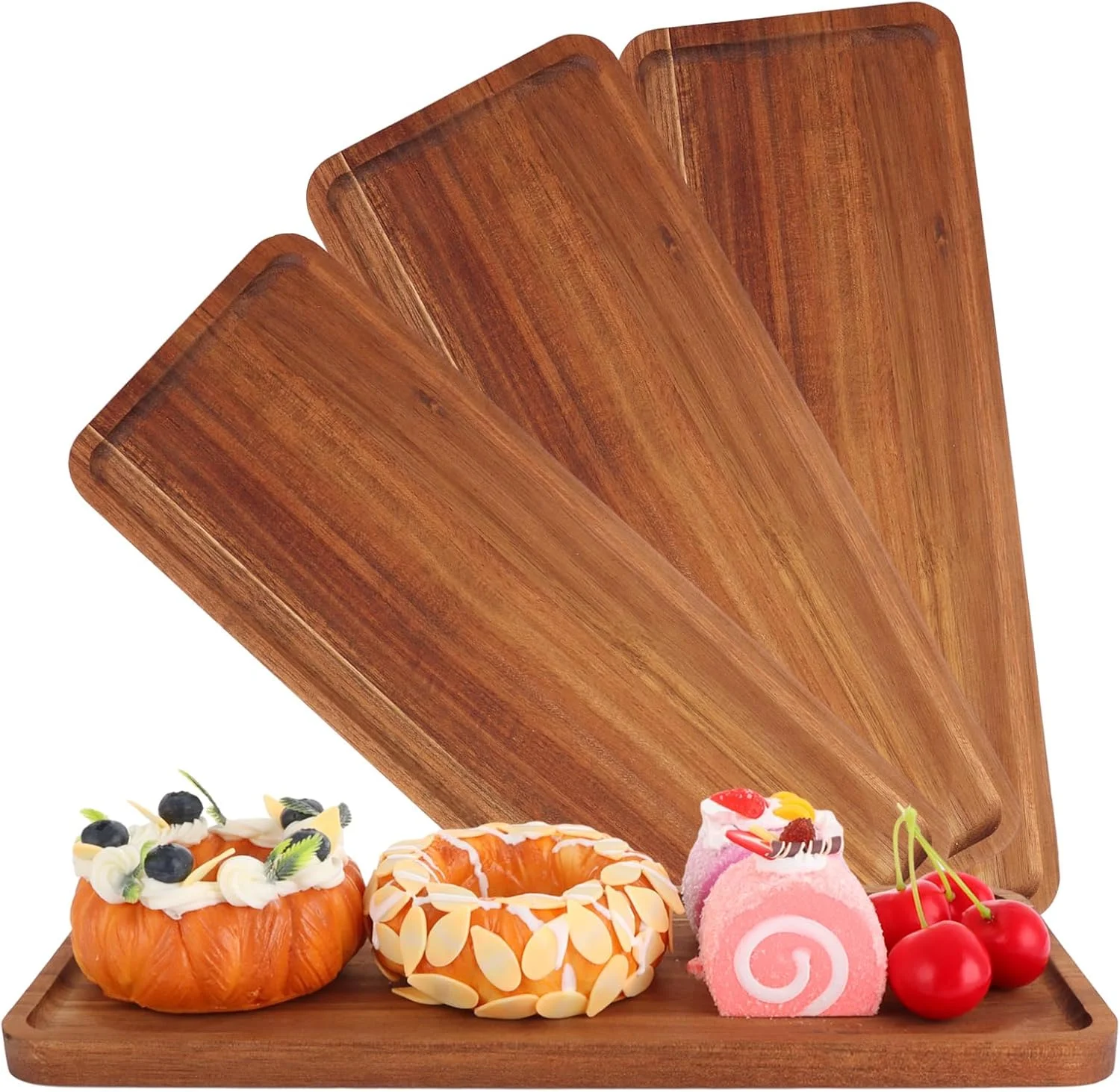 آهاکو، سینی سرو چوبی، 4 عددی، 36x15x1.5 سانتی متر، سینی سرو چوب اقاقیا با لبه برجسته، تخته سرو چوبی برای نمایش اسنک، میوه، سوشی، پنیر، شمع، دکور غذا