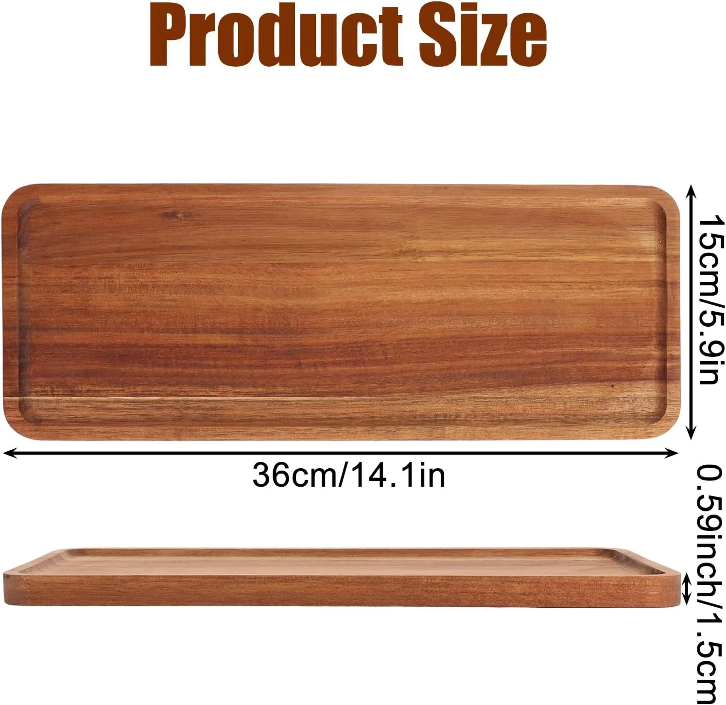 آهاکو، سینی سرو چوبی، 4 عددی، 36x15x1.5 سانتی متر، سینی سرو چوب اقاقیا با لبه برجسته، تخته سرو چوبی برای نمایش اسنک، میوه، سوشی، پنیر، شمع، دکور غذا