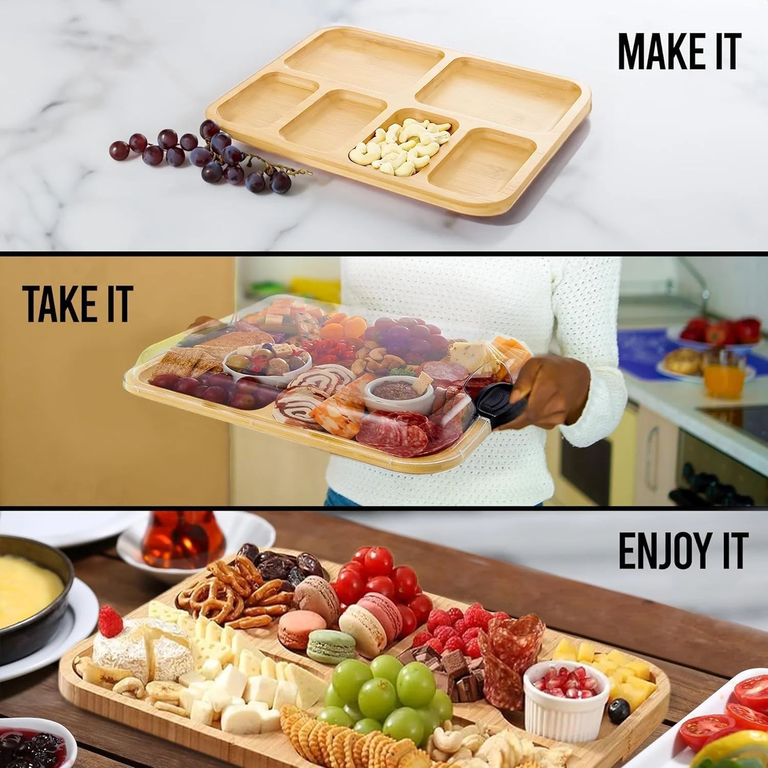 تخته برش قابل حمل Angju با درب برای مسافرت، تخته سرو بامبو با محفظه های درب دار، تخته سرو پنیر با درب قفل شونده شفاف برای پیک نیک و مهمانی، مناسب سرو گوشت و اسنک