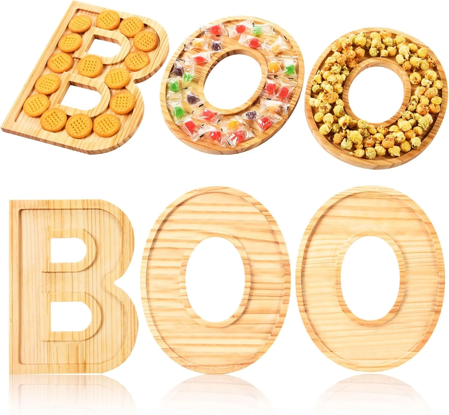 سینی های سرو چوبی 3 تکه طرح BOO مناسب هالووین، سینی های چوبی کاج، بشقاب های چوبی برای سرو میان وعده و شیرینی، مناسب منزل، آشپزخانه، تعطیلات و هدیه