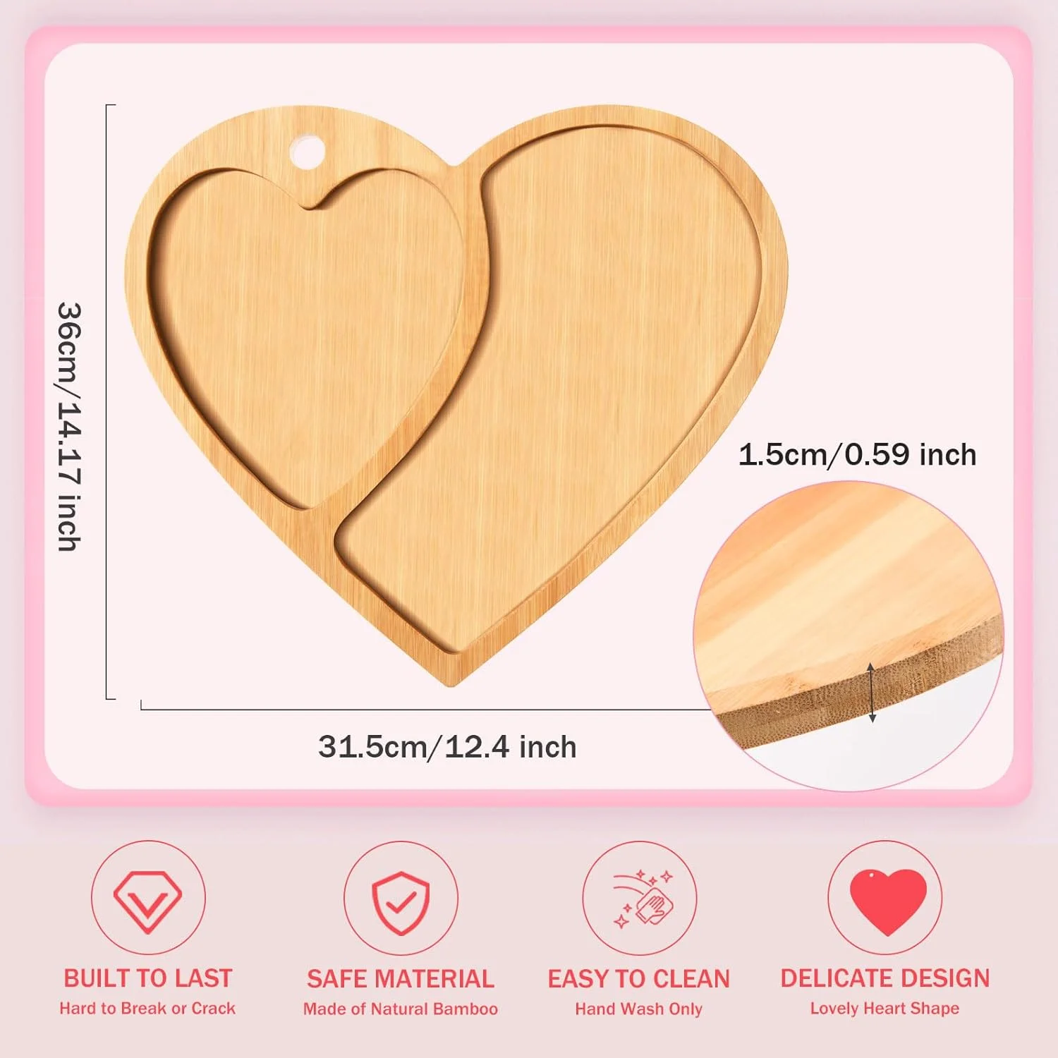 تخته برش بامبو طرح قلب مناسب روز ولنتاین، تخته سرو پنیر و اردو خوری با سوراخ، تخته خردکن چوبی تزئینی، سینی سرو چوبی برای روز مادر، هدیه عروسی و خانه نویی، 36x31.5x1.5 سانتی متر
