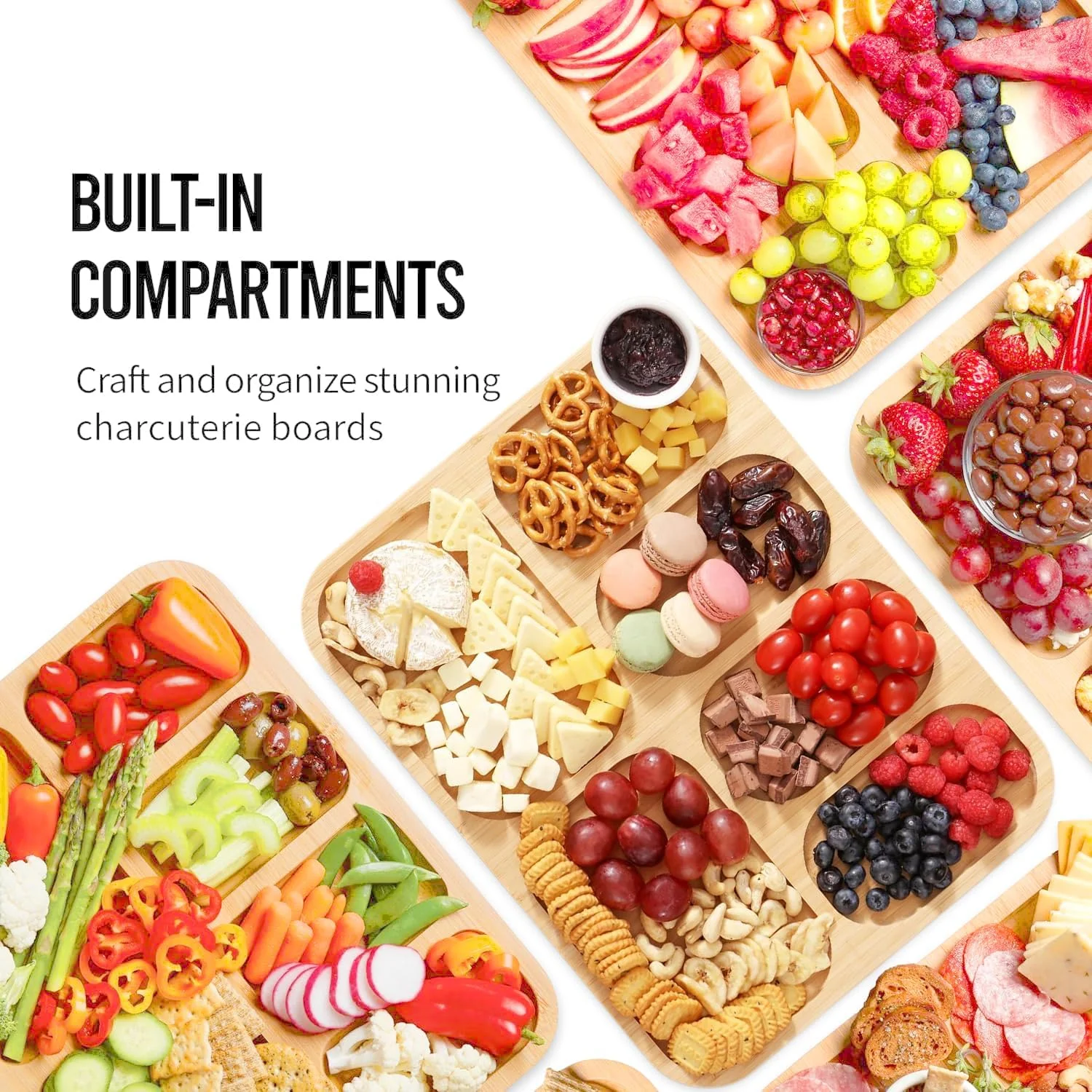 تخته برش قابل حمل Angju با درب برای مسافرت، تخته سرو بامبو با محفظه های درب دار، تخته سرو پنیر با درب قفل شونده شفاف برای پیک نیک و مهمانی، مناسب سرو گوشت و اسنک