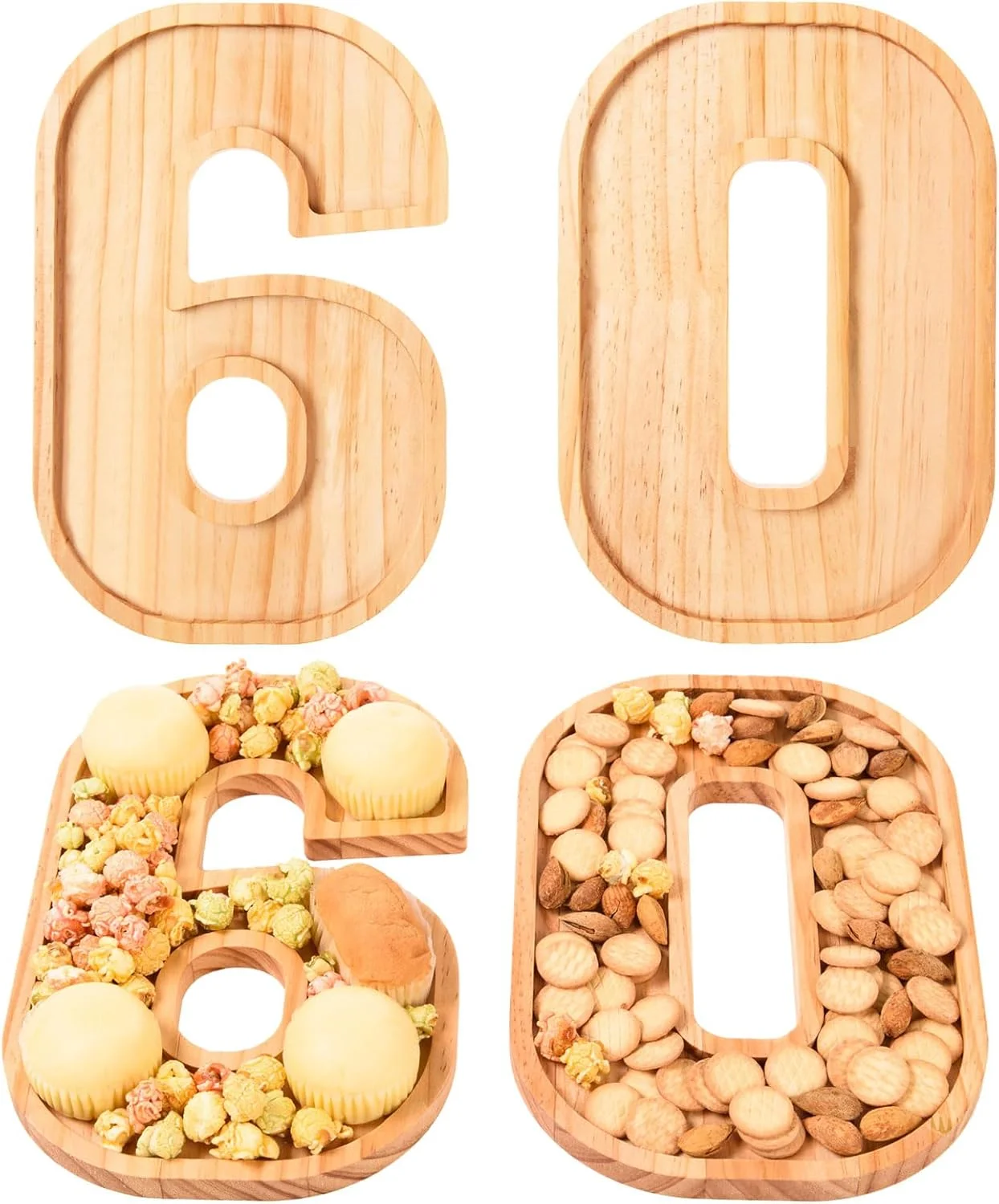 تخته سرو چوبی طرح عدد 60، سینی سرو چوبی تزئینی از جنس چوب کاج، بشقاب سرو تنقلات چوبی طرح عدد برای جشن تولد 60 سالگی، تبریک سالگرد، لوازم مهمانی، هدیه، 30 سانتی متر