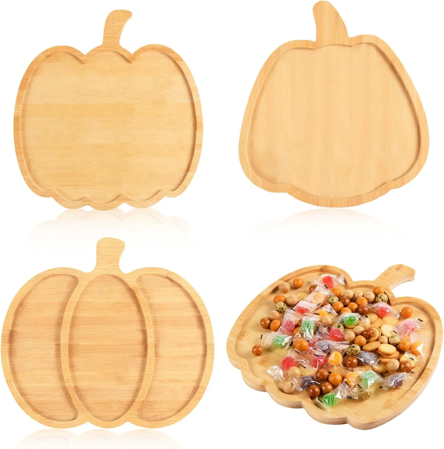 ست ۳ عددی تخته سرو چوبی طرح کدو تنبل، مناسب سرو پیش غذا، دسر و تنقلات پاییزی، ساخته شده از چوب بامبو، ۳ مدل مختلف