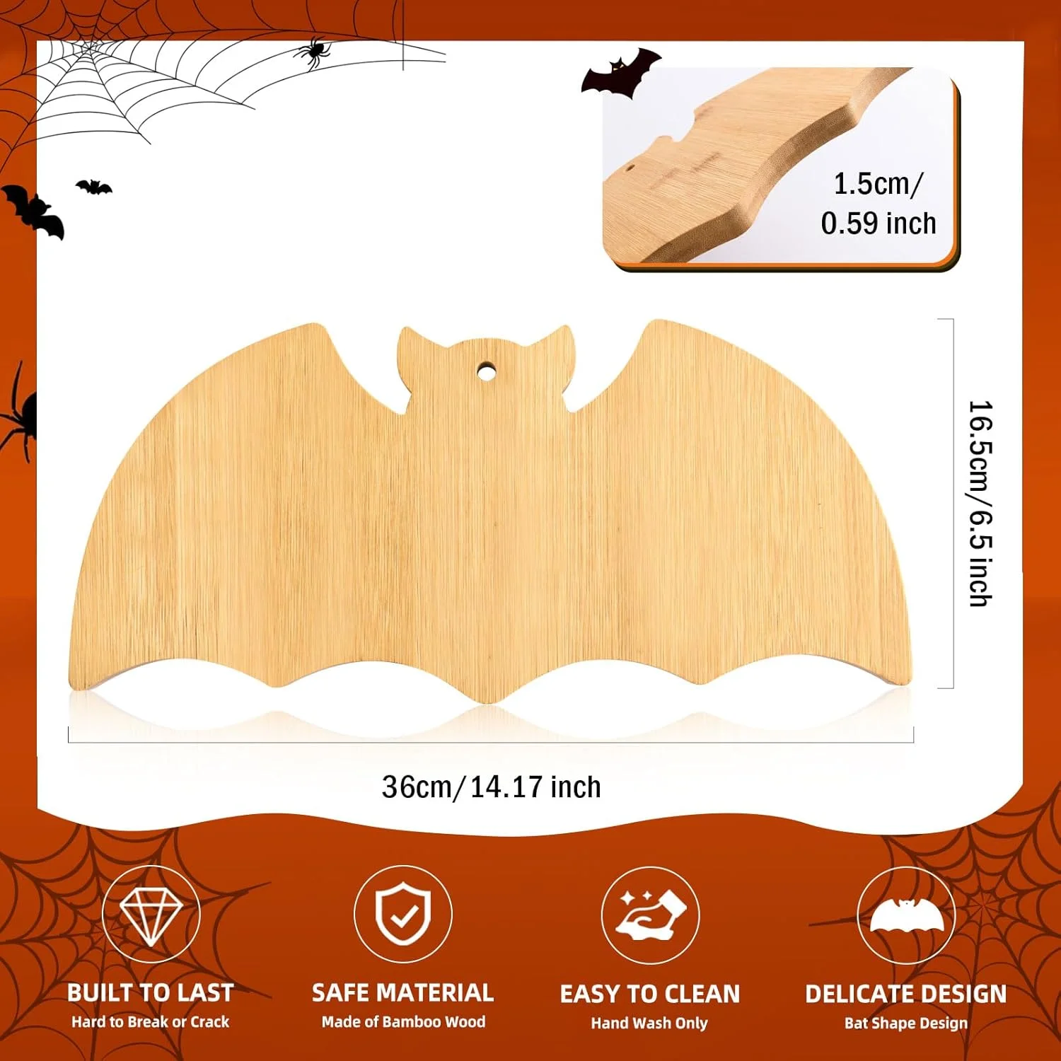 تخته برش چوبی خفاشی آویزوم، تخته سرو پنیر و مواد غذایی بامبو به شکل خفاش، تخته خردکن آشپزخانه، سینی سرو چوبی برای ظروف میز تعطیلات هالووین، 36x16.5x1.5 سانتی متر