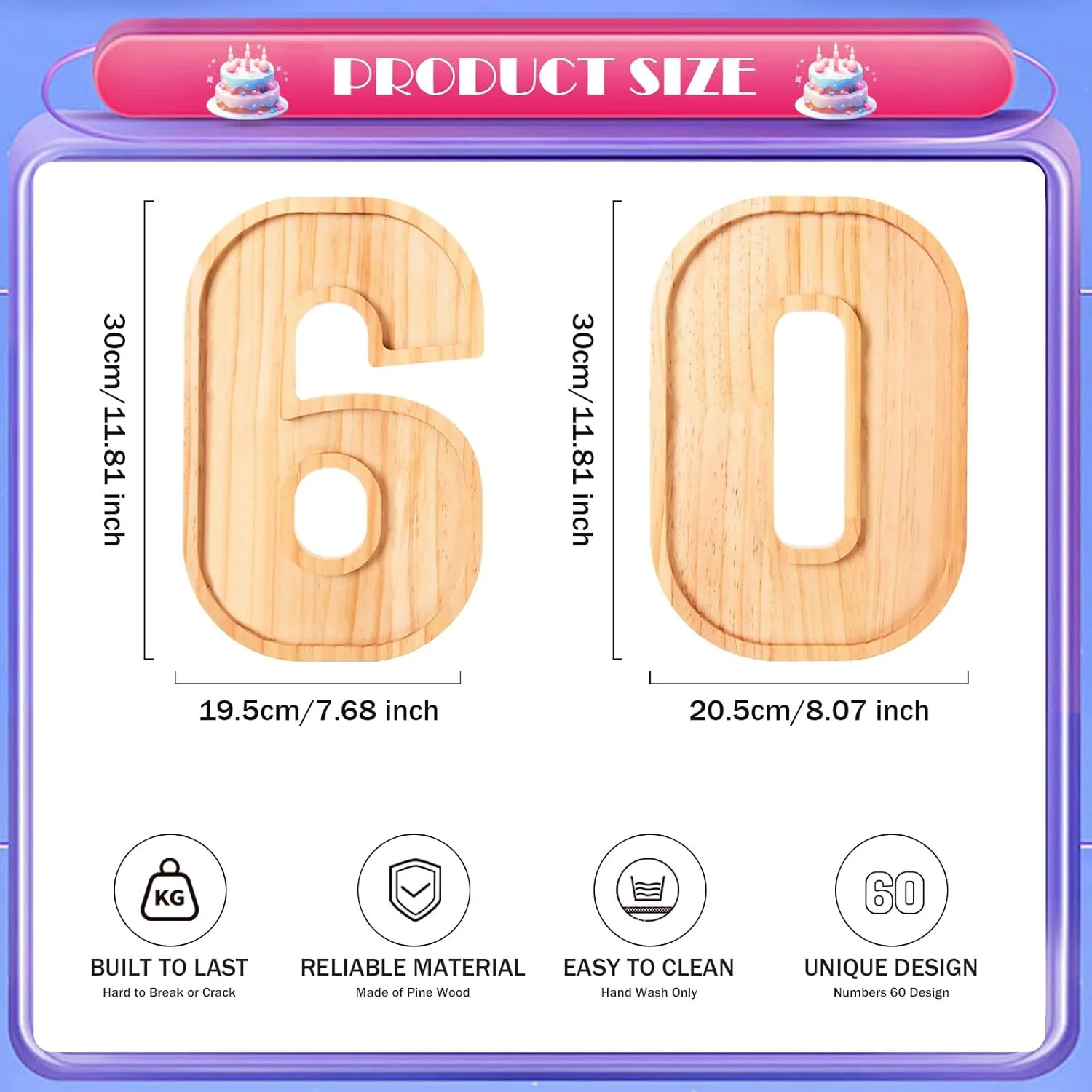 تخته سرو چوبی طرح عدد 60، سینی سرو چوبی تزئینی از جنس چوب کاج، بشقاب سرو تنقلات چوبی طرح عدد برای جشن تولد 60 سالگی، تبریک سالگرد، لوازم مهمانی، هدیه، 30 سانتی متر