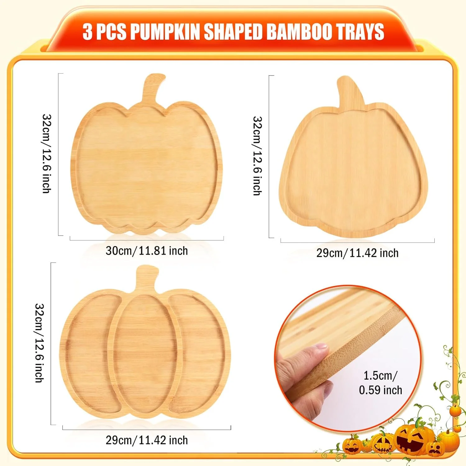 ست ۳ عددی تخته سرو چوبی طرح کدو تنبل، مناسب سرو پیش غذا، دسر و تنقلات پاییزی، ساخته شده از چوب بامبو، ۳ مدل مختلف