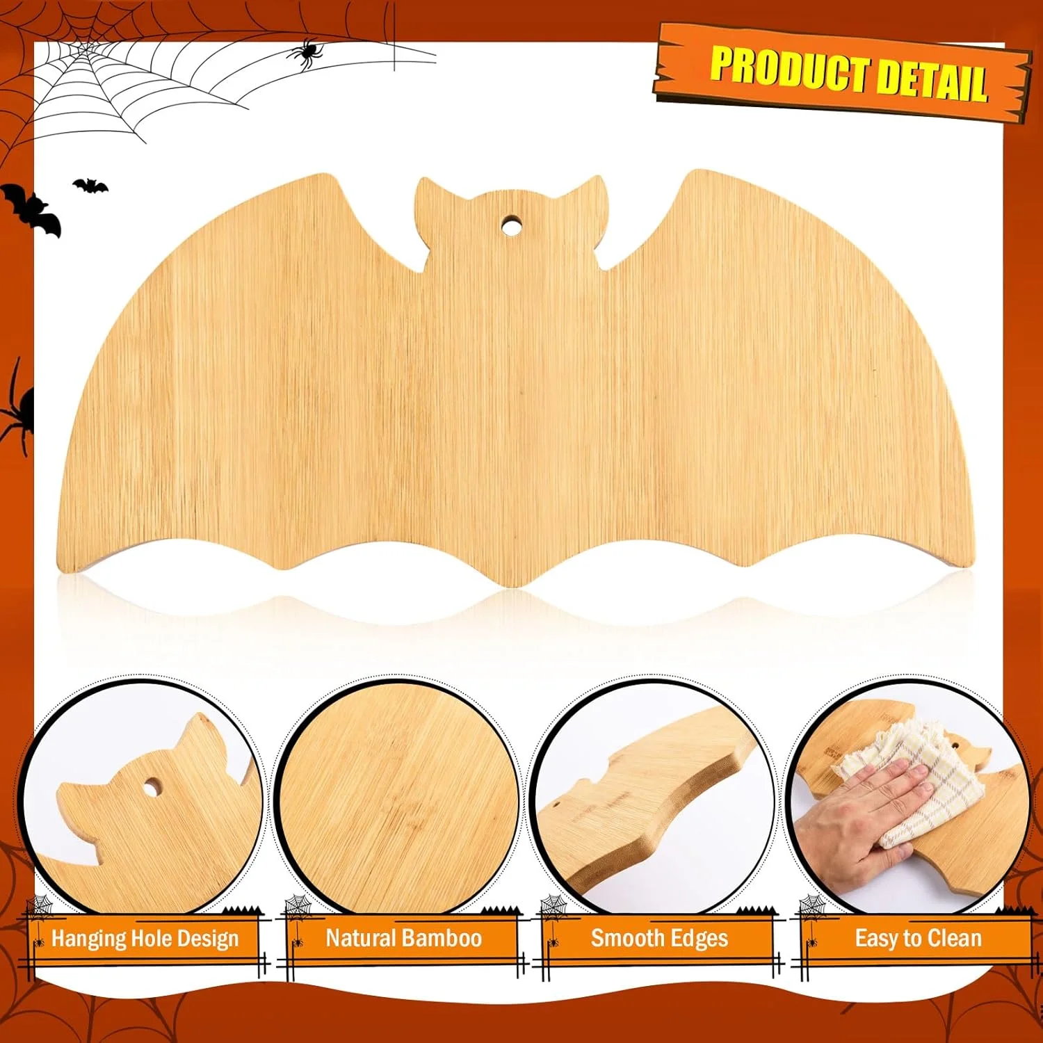 تخته برش چوبی خفاشی آویزوم، تخته سرو پنیر و مواد غذایی بامبو به شکل خفاش، تخته خردکن آشپزخانه، سینی سرو چوبی برای ظروف میز تعطیلات هالووین، 36x16.5x1.5 سانتی متر
