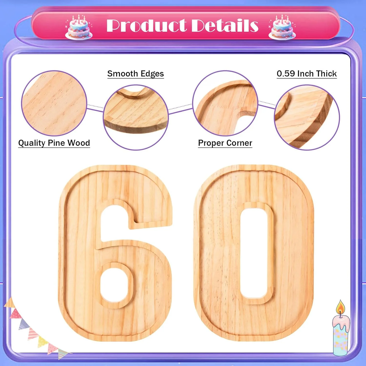 تخته سرو چوبی طرح عدد 60، سینی سرو چوبی تزئینی از جنس چوب کاج، بشقاب سرو تنقلات چوبی طرح عدد برای جشن تولد 60 سالگی، تبریک سالگرد، لوازم مهمانی، هدیه، 30 سانتی متر