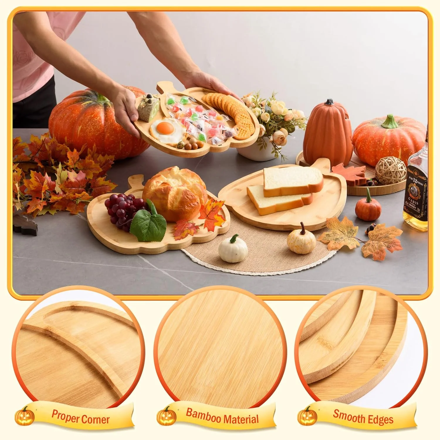 ست ۳ عددی تخته سرو چوبی طرح کدو تنبل، مناسب سرو پیش غذا، دسر و تنقلات پاییزی، ساخته شده از چوب بامبو، ۳ مدل مختلف