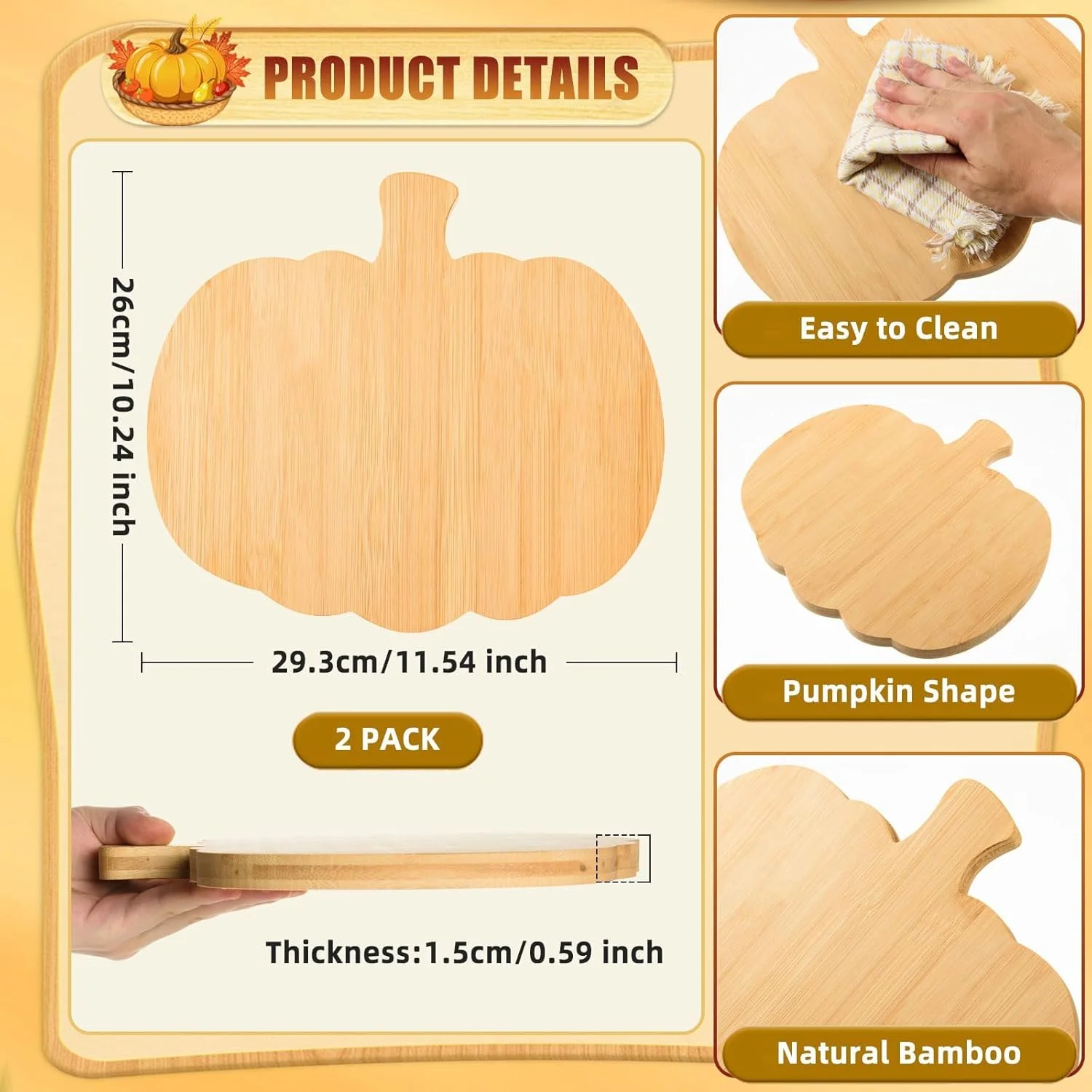 دو عدد تخته سرو بامبو طرح کدو تنبل مناسب سرو و پذیرایی، تخته برش چوبی کدو تنبل، سینی سرو چوبی بامبو برای دکور آشپزخانه پاییزی هالووین، 29.3x26x1.5 سانتی متر