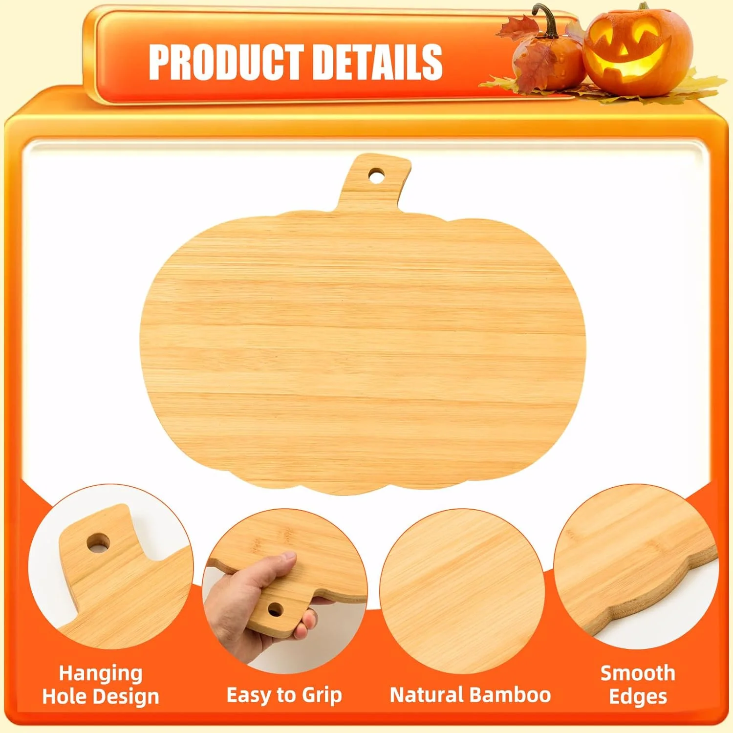 تخته برش بامبو طرح کدو تنبل، تخته سرو چوبی مناسب شکرگزاری، تخته سرو چوبی، تخته خردکن آشپزخانه با دسته، سینی سرو چوبی برای هدیه تعطیلات پاییزی، 38x29x1.5 سانتی متر