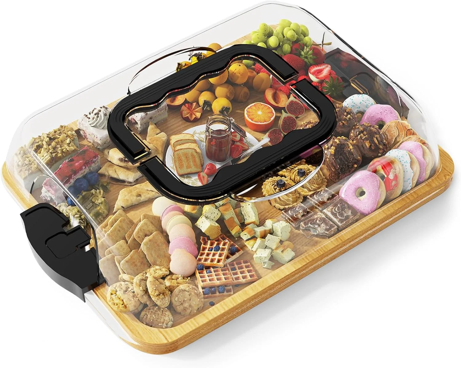 سینی پذیرایی بزرگ بامبو و اکریلیک، 36.5 x 28 سانتی متر، با درب قفل دار و دسته، طراحی 2 در 1