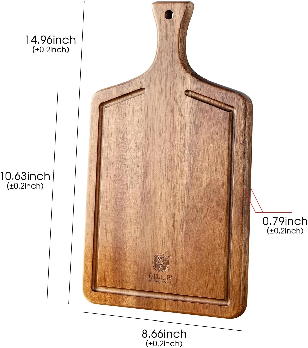 تخته برش چوبی آکاسیا BF BILL.F SINCE 1983 با دسته برای گوشت، سبزیجات، نان - تخته سرو چوبی تزئینی با شیار آبمیوه برای آشپزخانه و اتاق غذاخوری، 38 × 23 سانتی متر تخته برش چوبی آکاسیا BF BILL.F SINCE 1983 با دسته برای گوشت، سبزیجات، نان - تخته سرو چوبی تزئینی با شیار آبمیوه برای آشپزخانه و اتاق غذاخوری، 38 × 23 سانتی متر