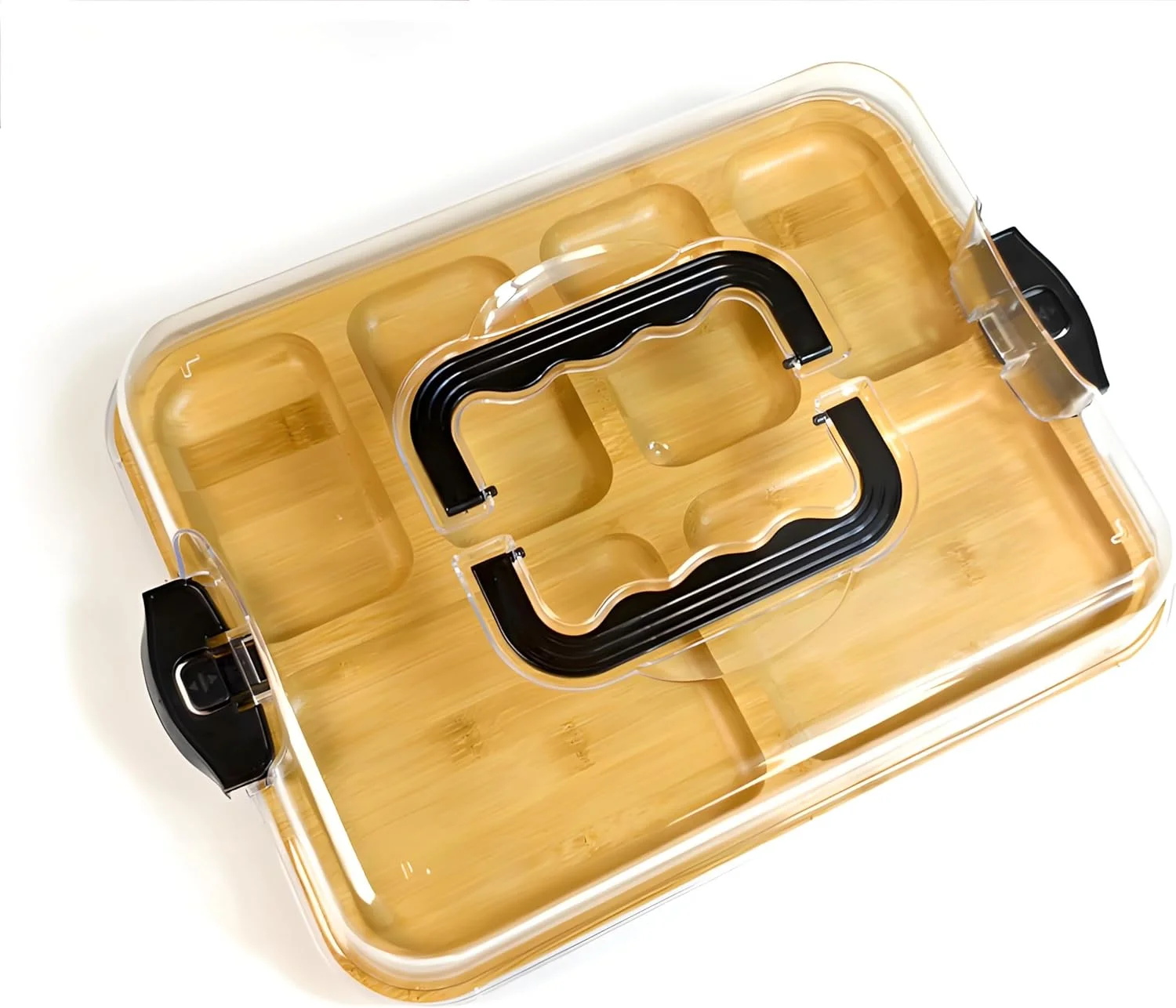 سینی پذیرایی بزرگ بامبو و اکریلیک، 36.5 x 28 سانتی متر، با درب قفل دار و دسته، طراحی 2 در 1