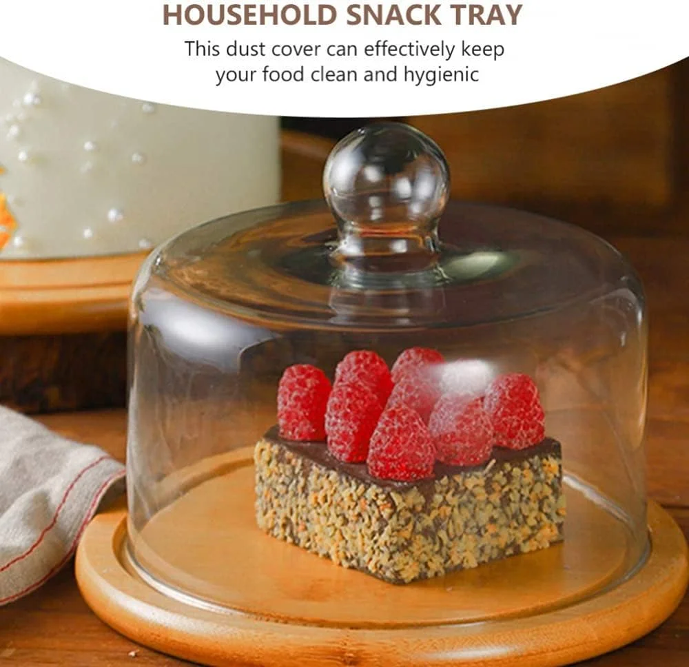 پایه چوبی نمایش کیک پنیر BERTY·PUYI با گنبد شیشه ای و درب چوبی، سینی سرو عروسی، پایه کیک، سینی کیک، سرور کیک، بشقاب دسر، بشقاب تولد - 28.5X28.5X17.7CM