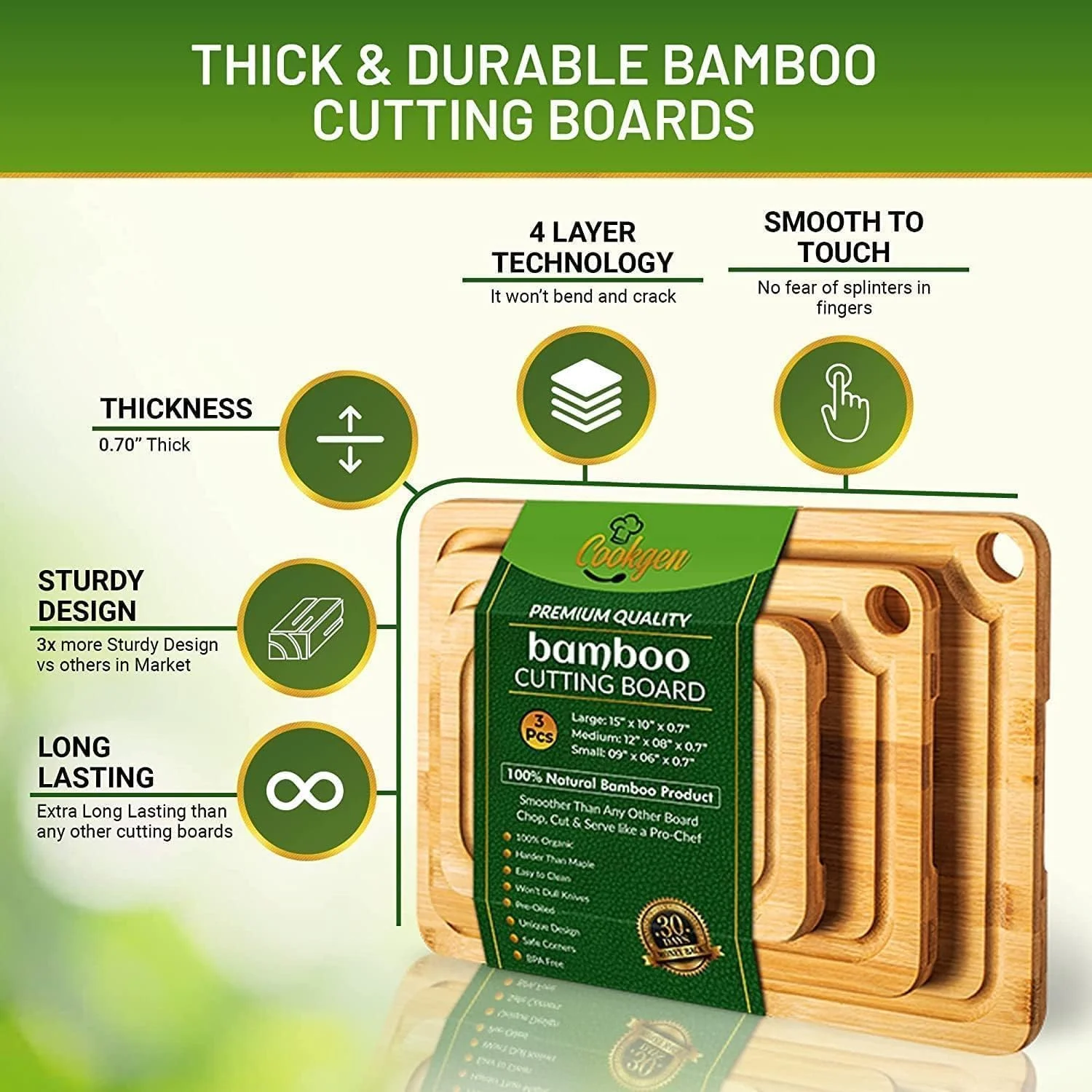 ست تخته برش بامبو BIVATU – 3 تکه (کوچک، متوسط، بزرگ) – تخته های خردکن ضخیم و ضد لغزش با شیارهای آب میوه، دستگیره های جانبی و نگهداری آسان – ایده آل برای گوشت، سبزیجات، پنیر و میوه ها