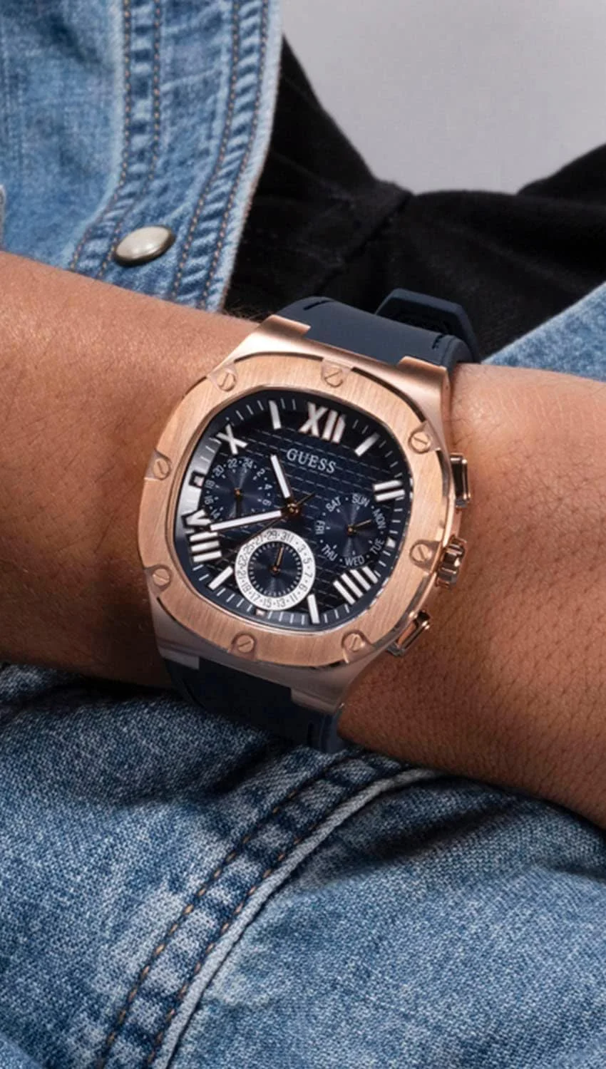 ساعت چندکاره رزگلد و سیلیکونی سرمه ای GUESS