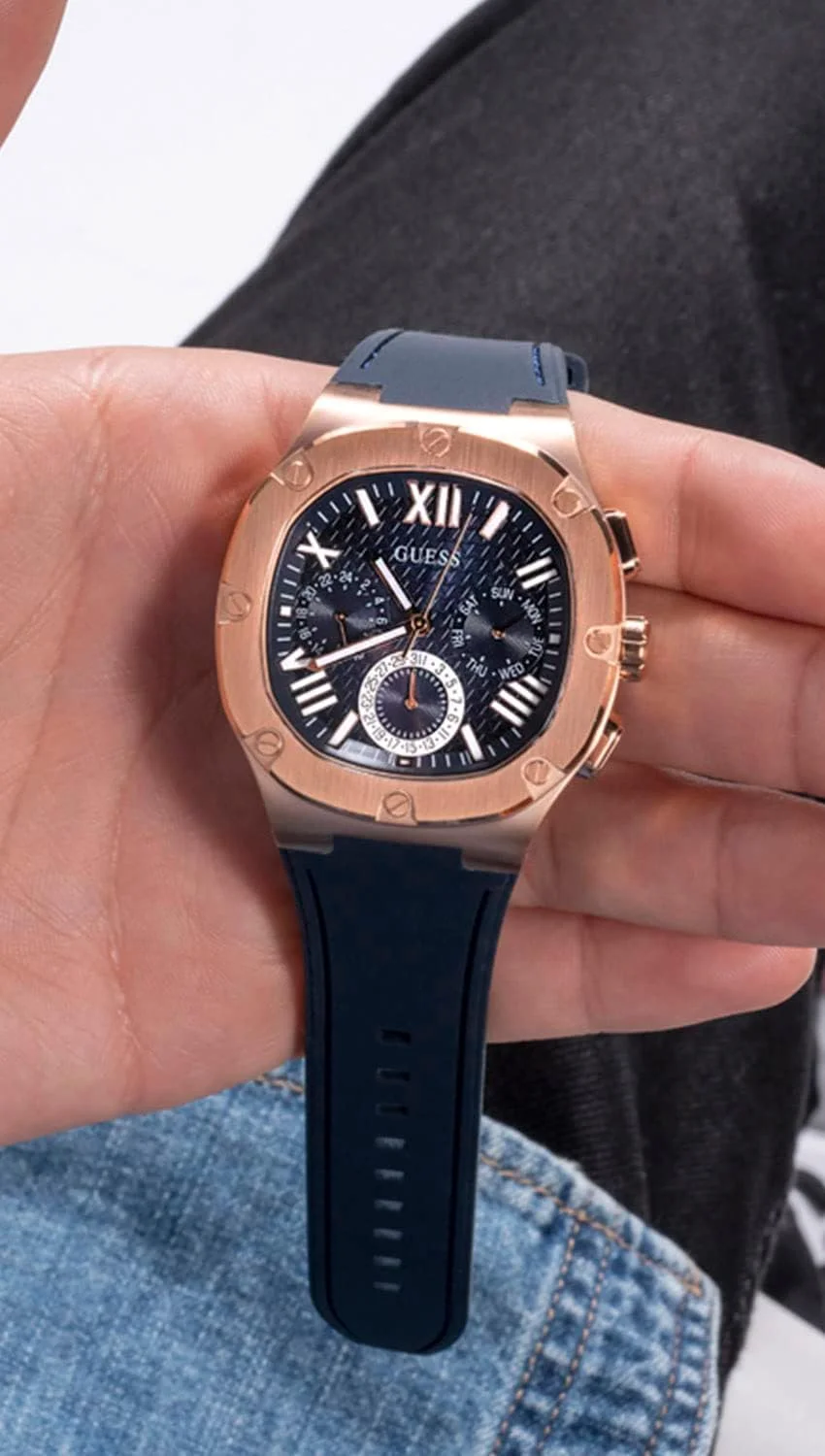 ساعت چندکاره رزگلد و سیلیکونی سرمه ای GUESS