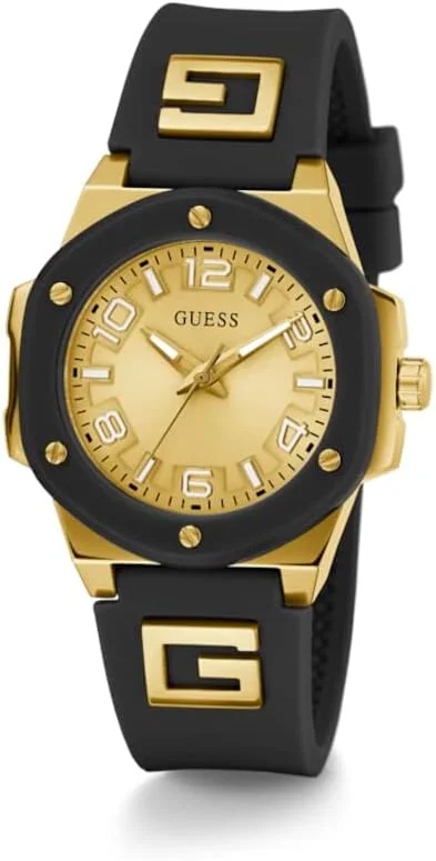 ساعت آنالوگ طلایی و سیلیکونی مشکی GUESS ساعت آنالوگ طلایی و سیلیکونی مشکی GUESS