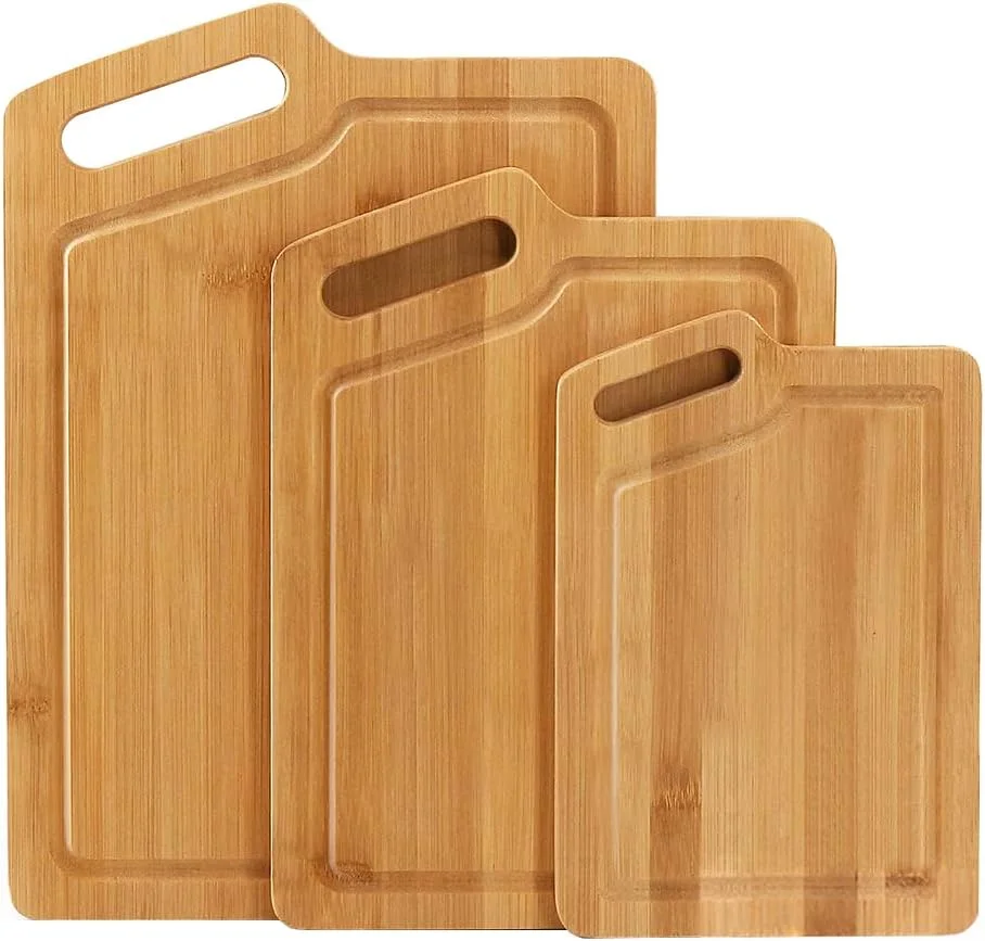 تخته گوشت و تخته سرو چوبی برای آشپزخانه، ست تخته برش بامبو 3 تکه با دستگیره، تخته برش چوبی با شیار آبمیوه