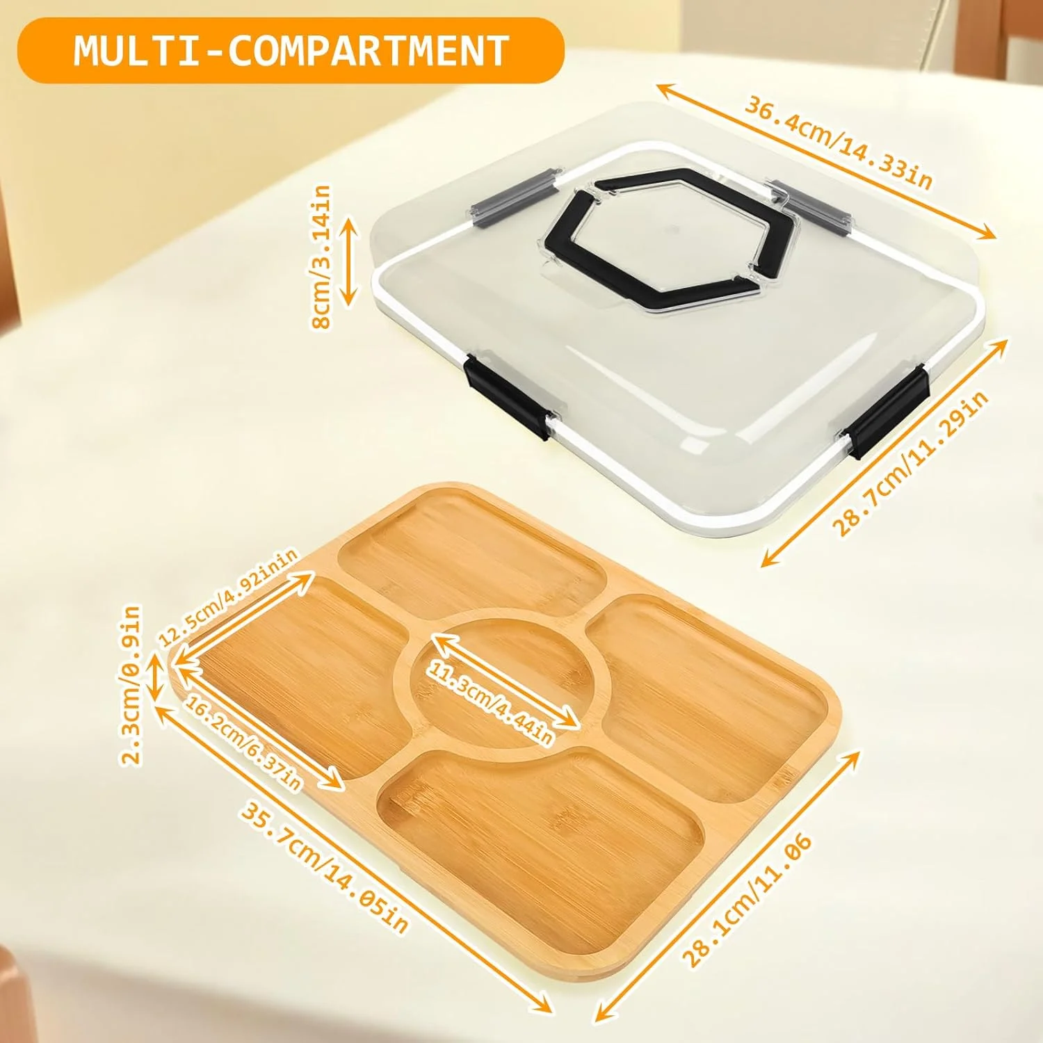 تخته سرو پذیرایی با درب شفاف، سینی میوه قابل حمل با 5 قسمت مجزا، تخته سرو چوبی برای پنیر و غذا، تخته پنیر بامبو مناسب هدیه خانه نویی