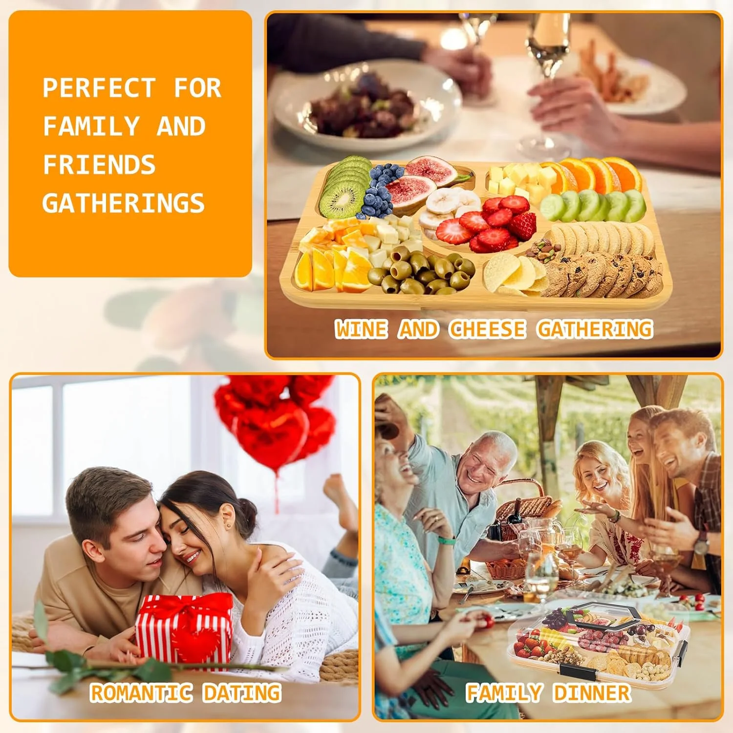 تخته سرو پذیرایی با درب شفاف، سینی میوه قابل حمل با 5 قسمت مجزا، تخته سرو چوبی برای پنیر و غذا، تخته پنیر بامبو مناسب هدیه خانه نویی