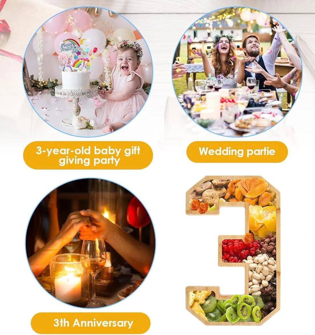 تخته سرو چوبی بامبو به شکل عدد، سینی پذیرایی چندبار مصرف برای سالگرد تولد، سینی سرو برای دکوراسیون جشن تولد، مناسب برای نمایش کیک و شیرینی (عدد 3)