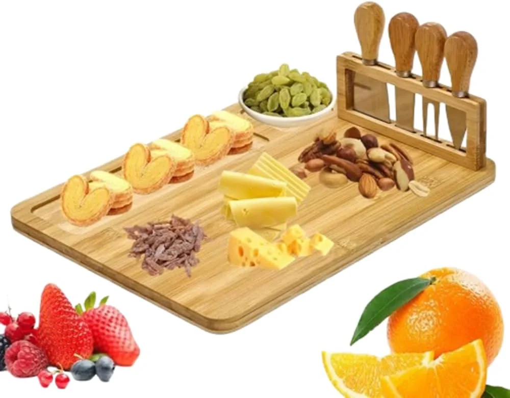 تخته پنیر بامبو ممتاز ChopLine به همراه ست چاقو - تخته بزرگ سوسیس و کالباس با کشوی کشویی، کارد و چنگال و شیار برای کراکر - ایده آل برای سرو، پذیرایی و هدیه دادن