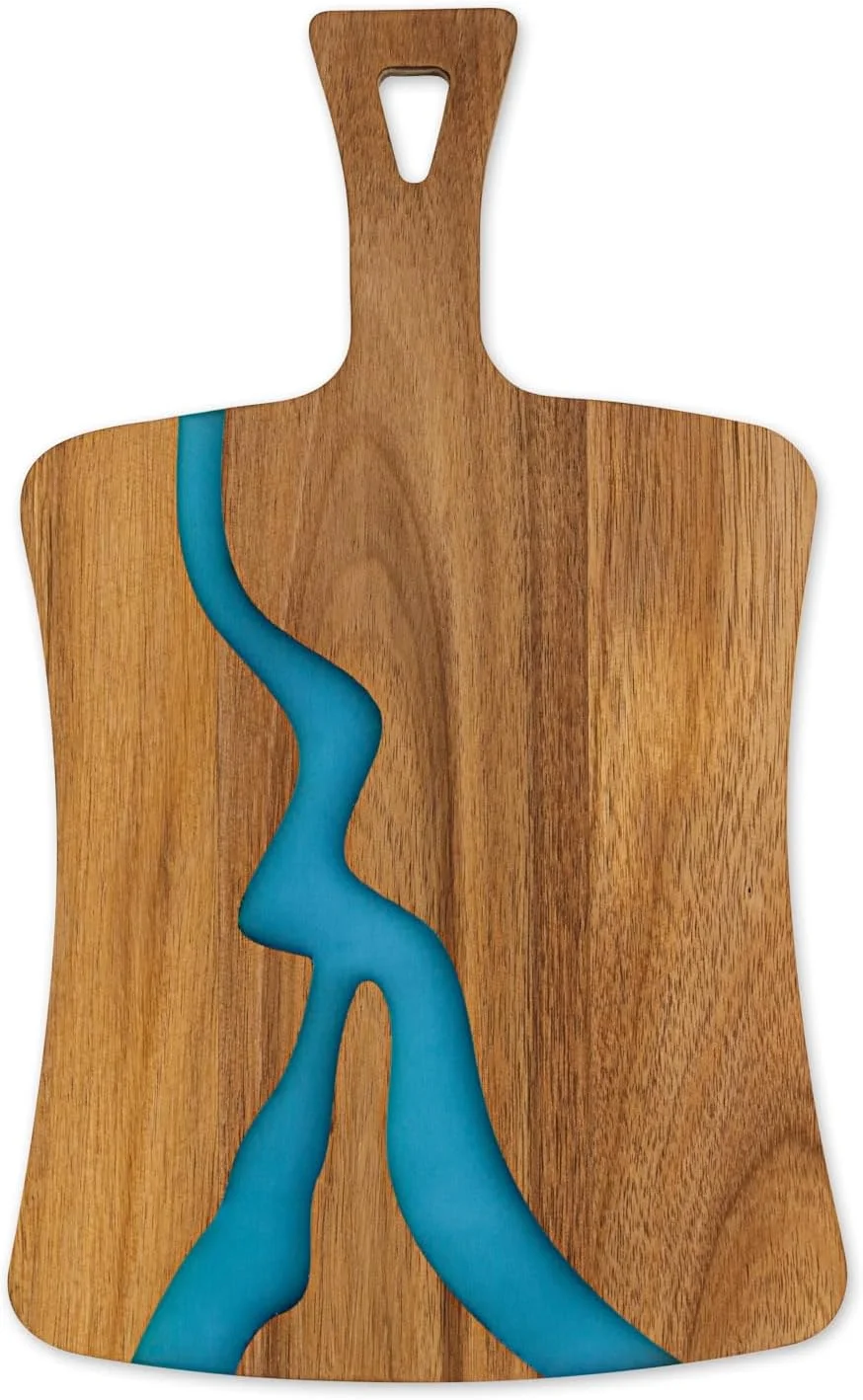 تخته برش چوبی با قسمت رزین آکریلیک آبی - تخته سرو پنیر و خوراکی های لذیذ ممتاز با دسته - تخته برش چند منظوره برای سرو و آماده سازی در آشپزخانه
