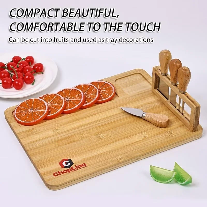 تخته پنیر بامبو ممتاز ChopLine به همراه ست چاقو - تخته بزرگ سوسیس و کالباس با کشوی کشویی، کارد و چنگال و شیار برای کراکر - ایده آل برای سرو، پذیرایی و هدیه دادن