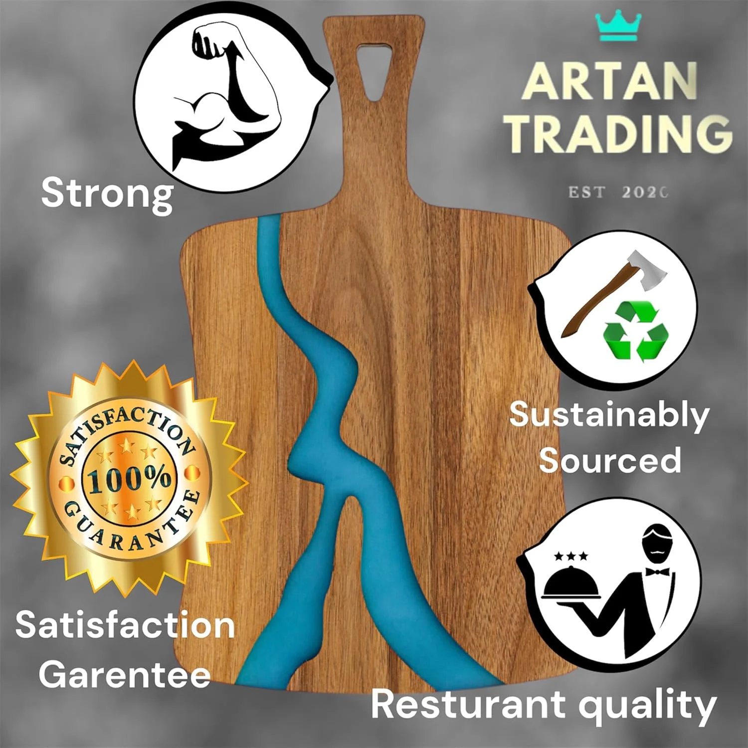 تخته برش چوبی با قسمت رزین آکریلیک آبی - تخته سرو پنیر و خوراکی های لذیذ ممتاز با دسته - تخته برش چند منظوره برای سرو و آماده سازی در آشپزخانه