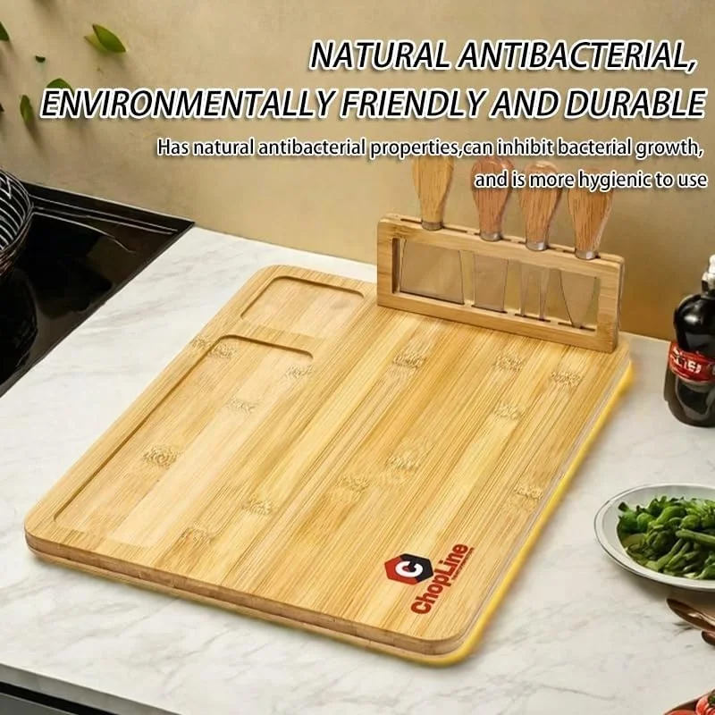 تخته پنیر بامبو ممتاز ChopLine به همراه ست چاقو - تخته بزرگ سوسیس و کالباس با کشوی کشویی، کارد و چنگال و شیار برای کراکر - ایده آل برای سرو، پذیرایی و هدیه دادن