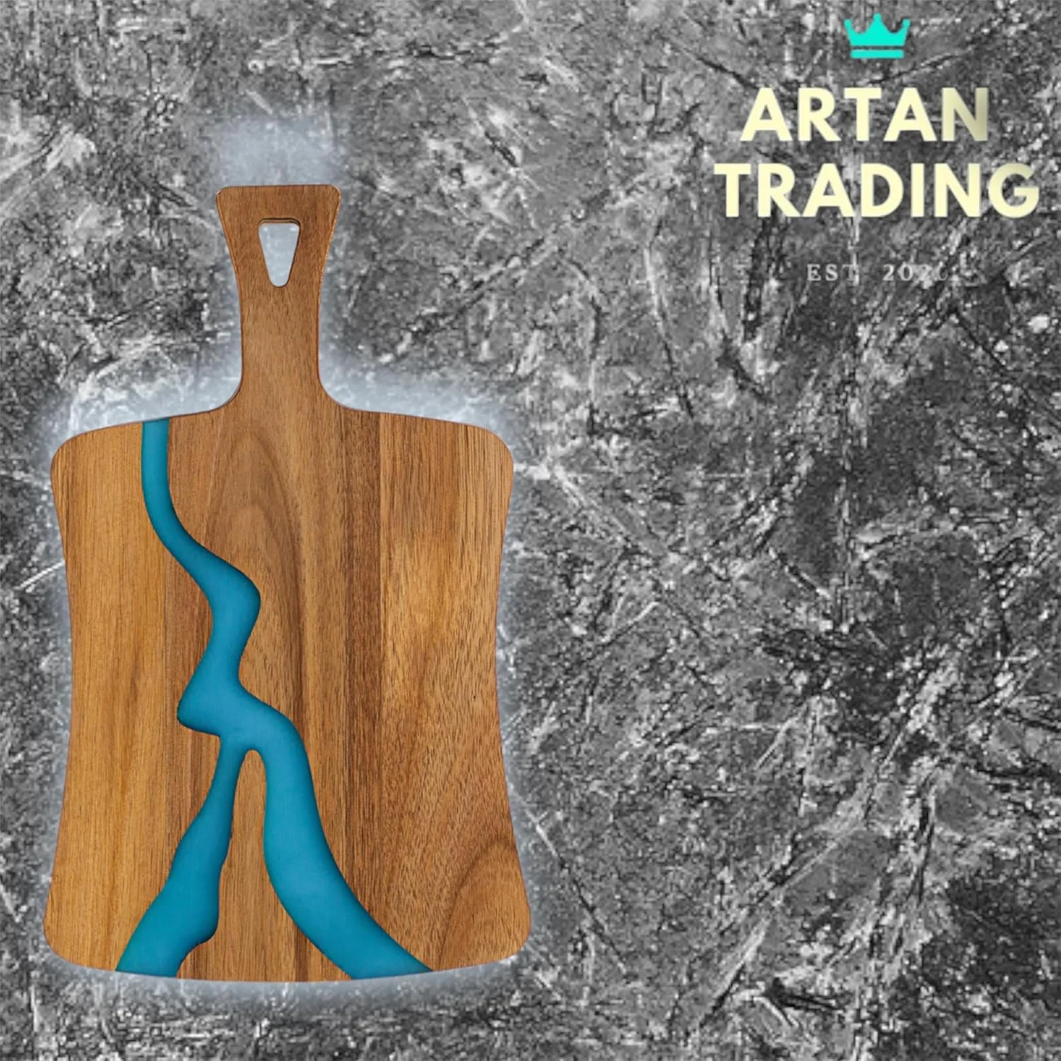 تخته برش چوبی با قسمت رزین آکریلیک آبی - تخته سرو پنیر و خوراکی های لذیذ ممتاز با دسته - تخته برش چند منظوره برای سرو و آماده سازی در آشپزخانه