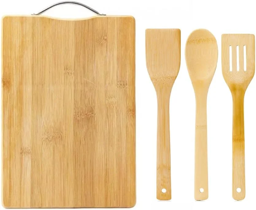 ست تخته برش بامبو 4 تکه، تخته برش بامبو طبیعی با 3 عدد قاشق آشپزی، کفگیر، کاردک، تخته برش سازگار با محیط زیست برای خرد کردن گوشت، سبزیجات، میوه ها، پنیر