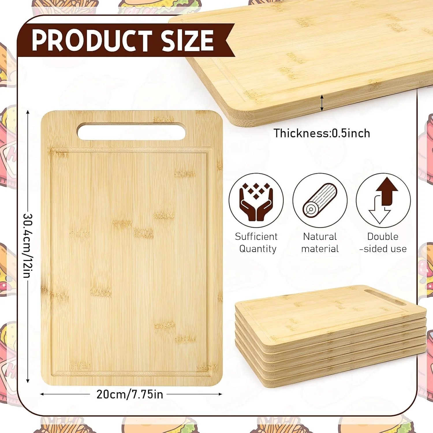 ست 5 عددی تخته برش بامبو، 30x20x1.2 سانتی متر، تخته برش چوبی برای آشپزخانه، تخته سرو چوبی خام برای پیتزا، نان، سوسیس، میوه و سبزیجات