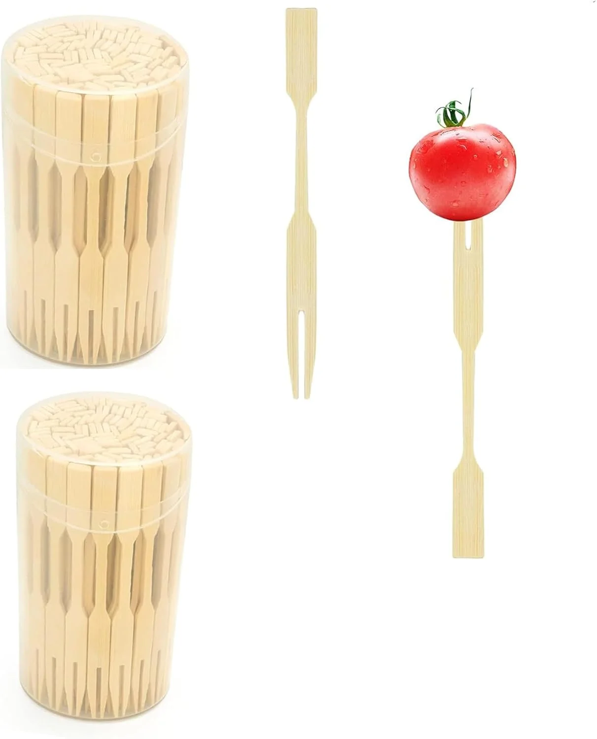 چنگال های بامبو کوچک، 200 عدد چنگال کوکتل دو شاخه کوچک، خلال دندان های چوبی یکبار مصرف برای تخته پنیر، میوه، دسر و سرو غذای مهمانی