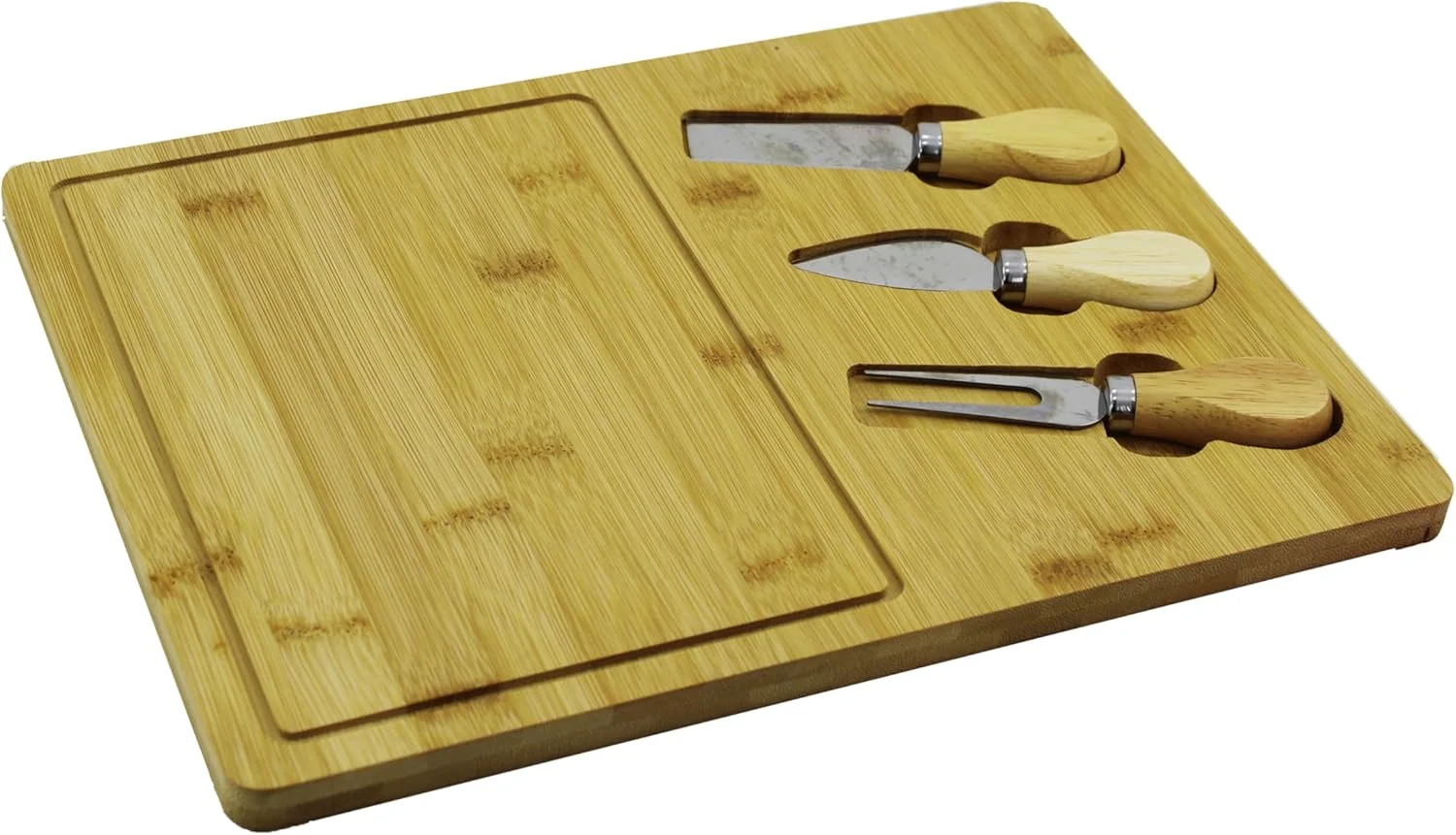 تخته سرو پنیر به همراه ست کارد و چنگال 4 تکه، تخته سرو مستطیلی چوبی ممتاز 24.5x33.5x1.5 سانتی متر، به همراه چاقو، چنگال و ابزار سرو پنیر، مناسب برای مهمانی ها، سرو مزه و پذیرایی