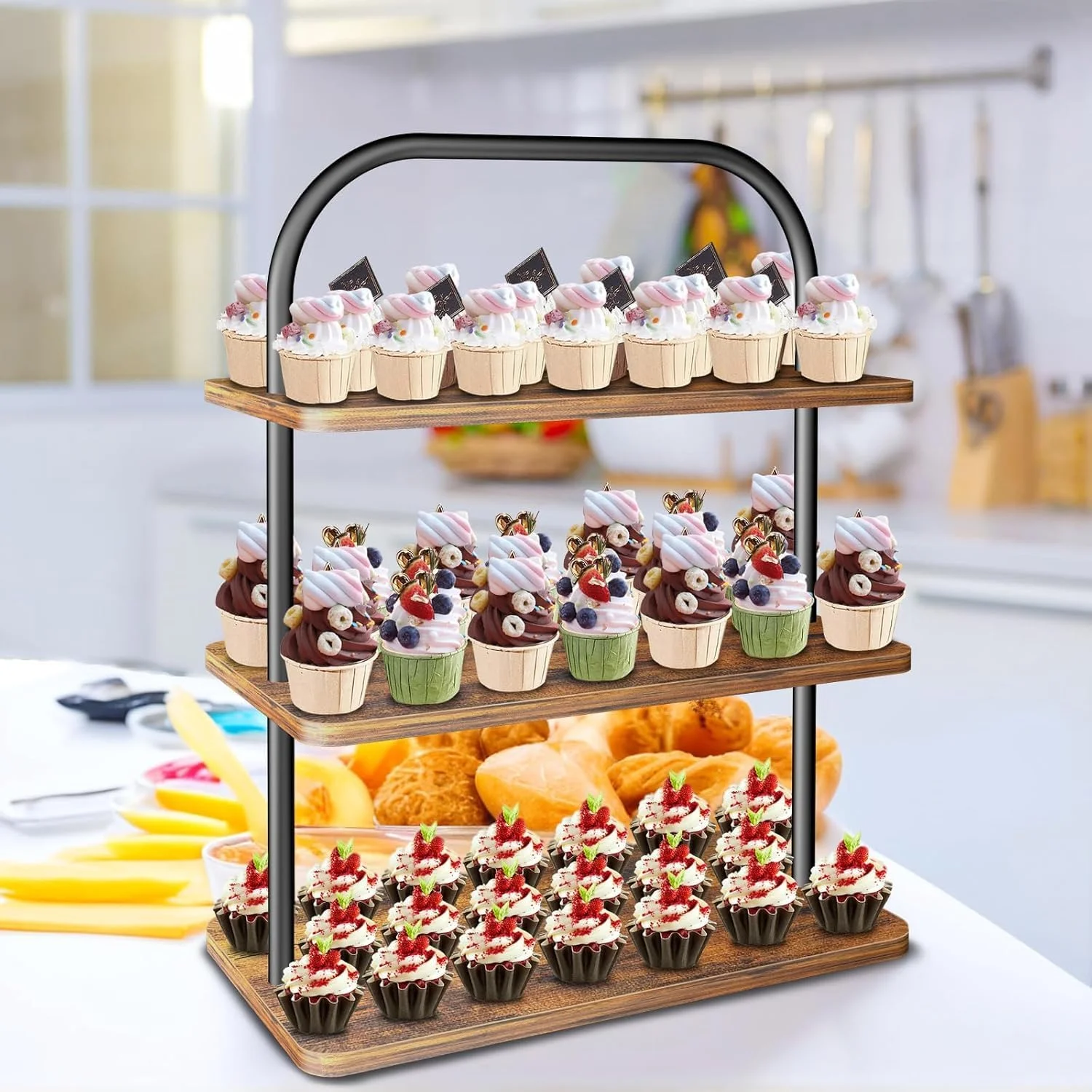 استند کاپ کیک چوبی 3 طبقه برای 50 کاپ کیک، استند دسر بزرگ برای دکوراسیون خانه روستایی، مناسب برای عروسی، جشن فارغ التحصیلی، تولد، مهمانی کریسمس، سینی سرو