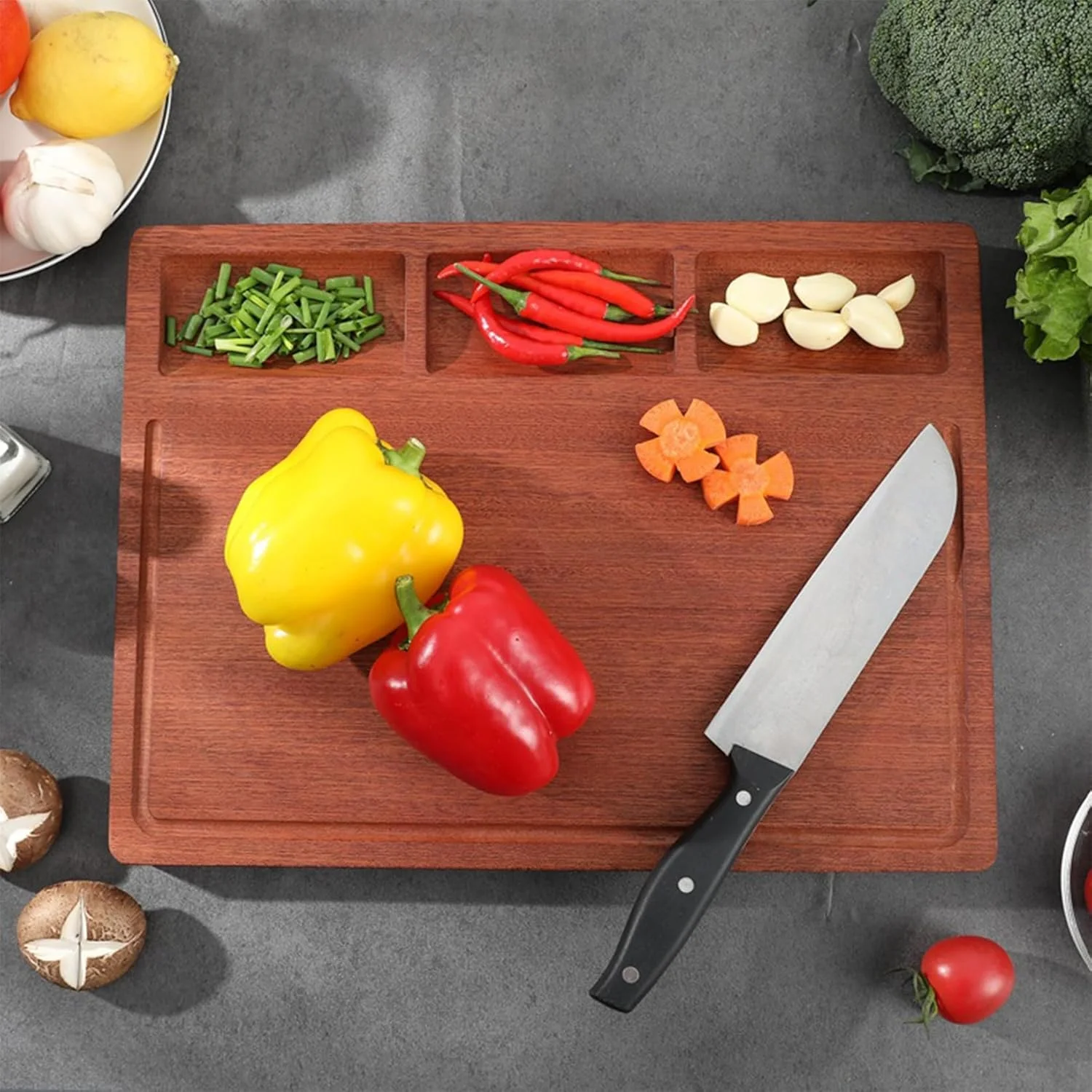 تخته برش چوبی آبنوس با 3 محفظه، تخته خردکن مستطیلی برای گوشت، سوسیس، سبزیجات، نان، تخته سرو چوبی تزئینی برای آشپزخانه و غذاخوری تخته برش چوبی آبنوس با 3 محفظه، تخته خردکن مستطیلی برای گوشت، سوسیس، سبزیجات، نان، تخته سرو چوبی تزئینی برای آشپزخانه و غذاخوری